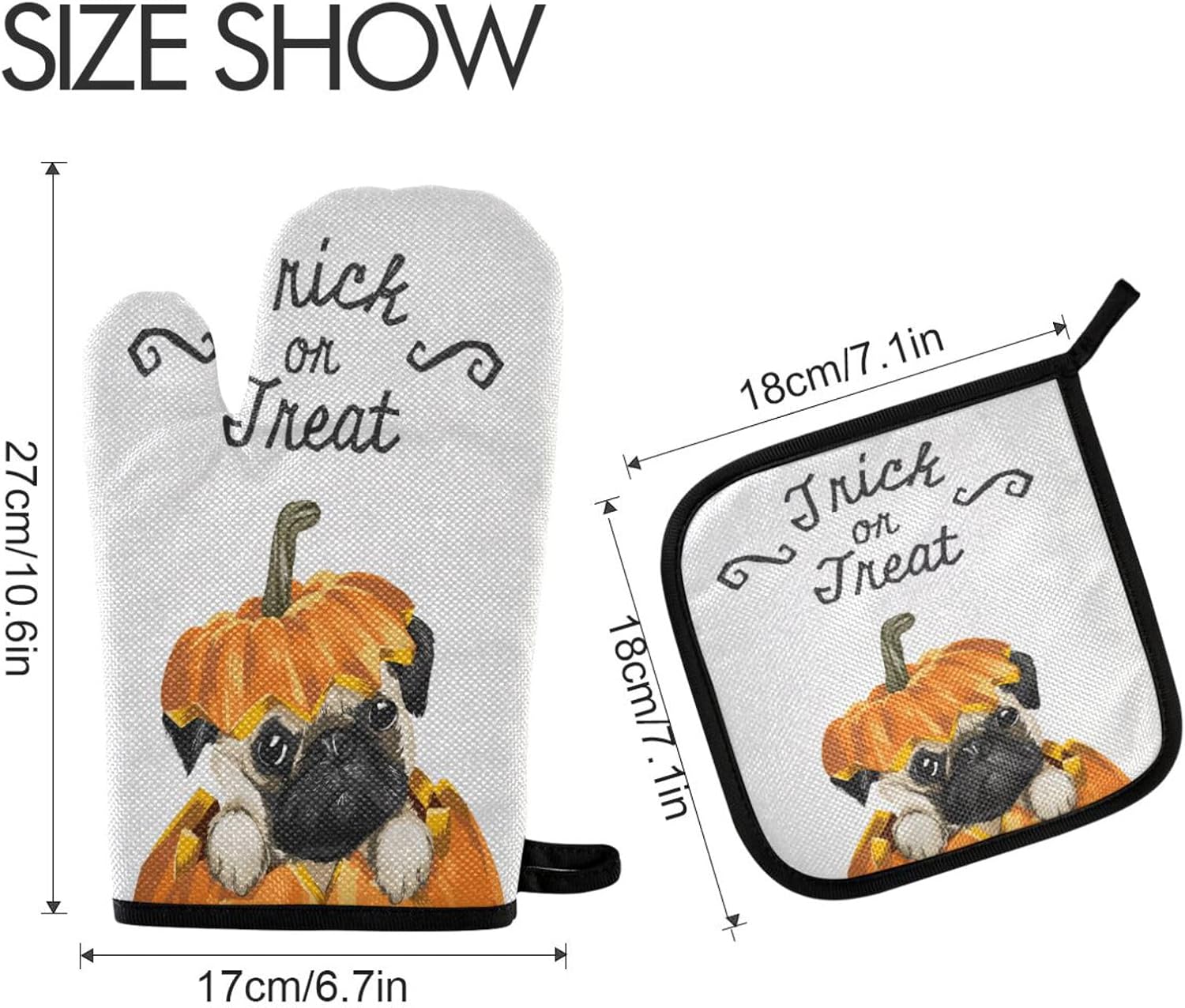 Halloween Pug Pumpkin Oven Mitts Set Heat-Resistant Trick or Treat Gloves