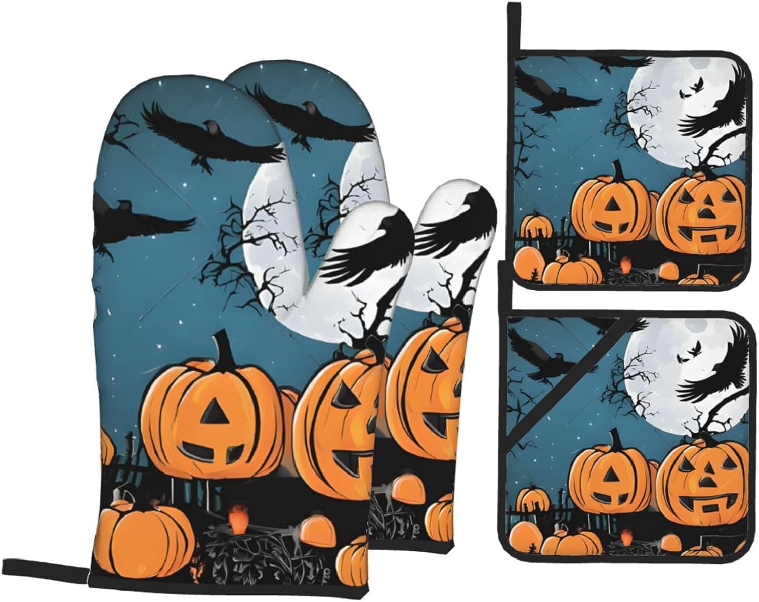 4-Piece Halloween Pumpkin Oven Mitts and Pot Holders Set