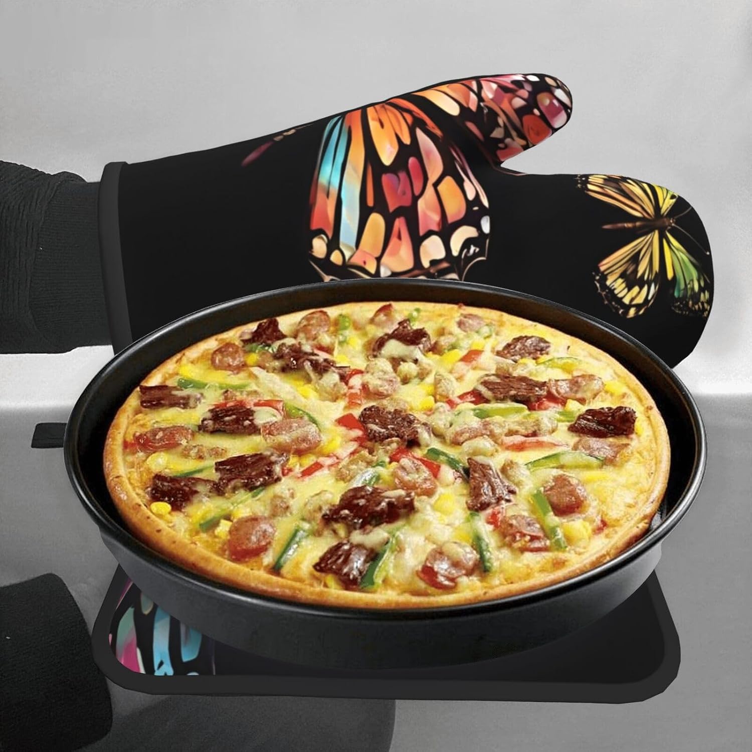 Pretty Butterfly-printed Oven Mitt Pot Holder Set