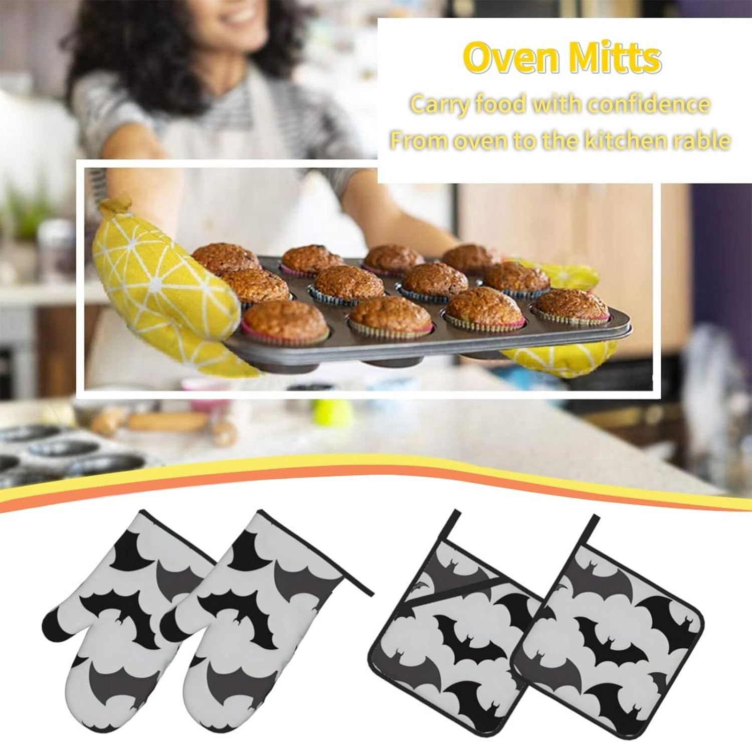 Halloween Oven Mitts Set of 4 - Waterproof Heat-Resistant Grey Prints