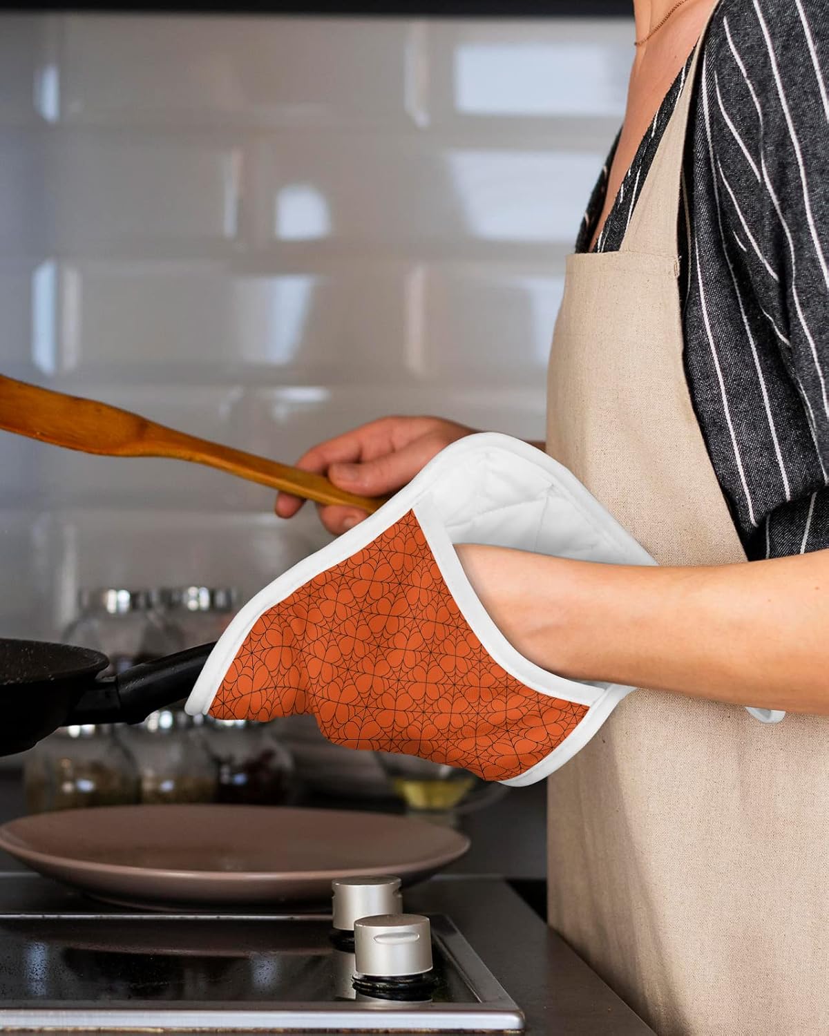 Halloween Geometric Potholders Set of 5 with Hook Heat-Resistant Kitchen Pots Dishes