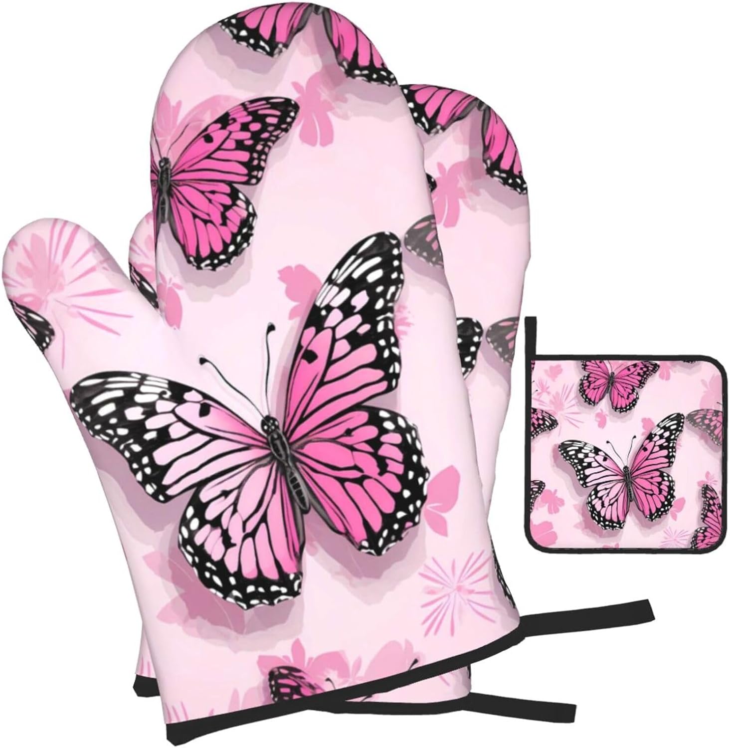 Edafol 3-Piece Oven Mitts and Potholders Set Heat-Resistant Pink Butterfly Design