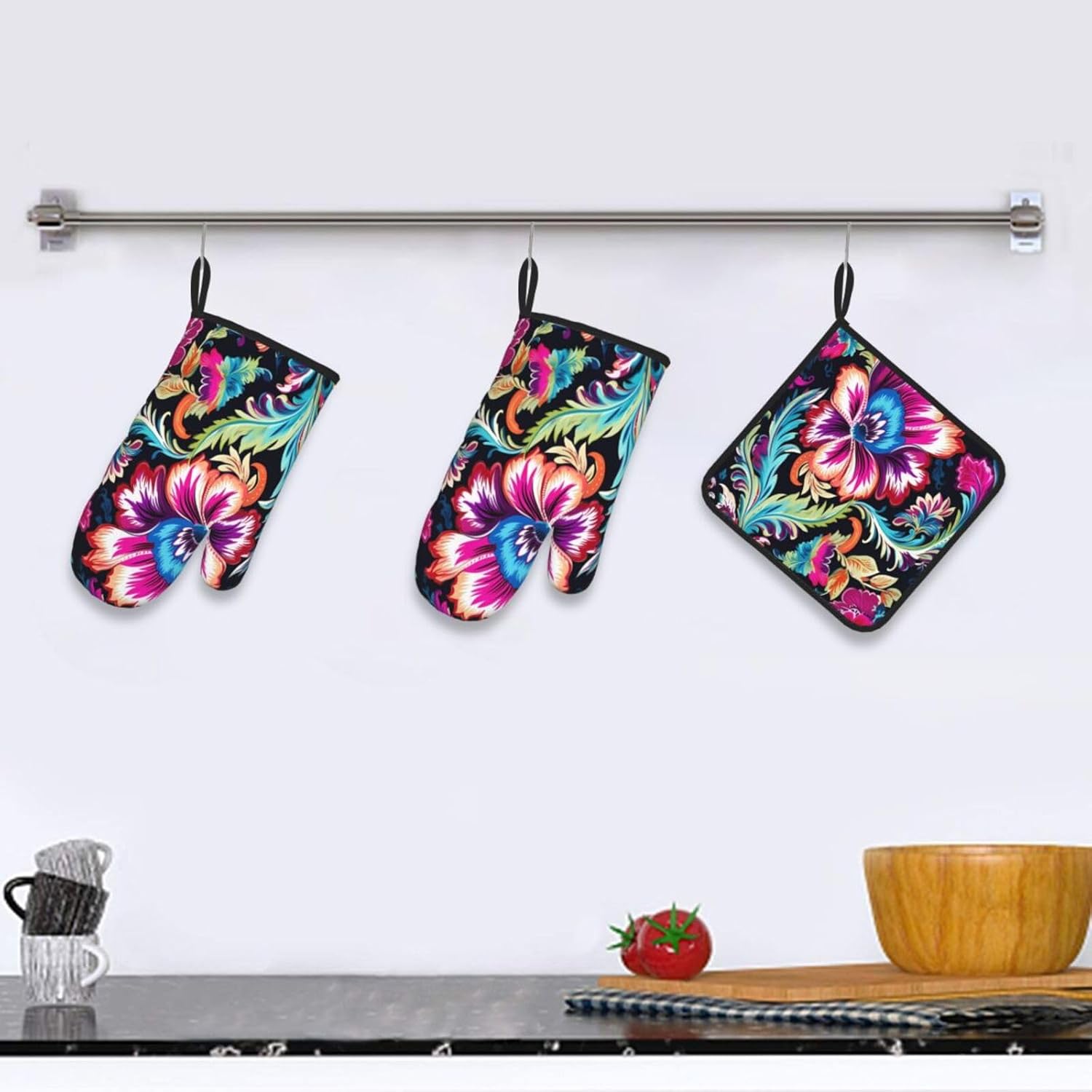 DXTKWLEthnic Vivid Colorful Oven Mitts Set Heat-Resistant