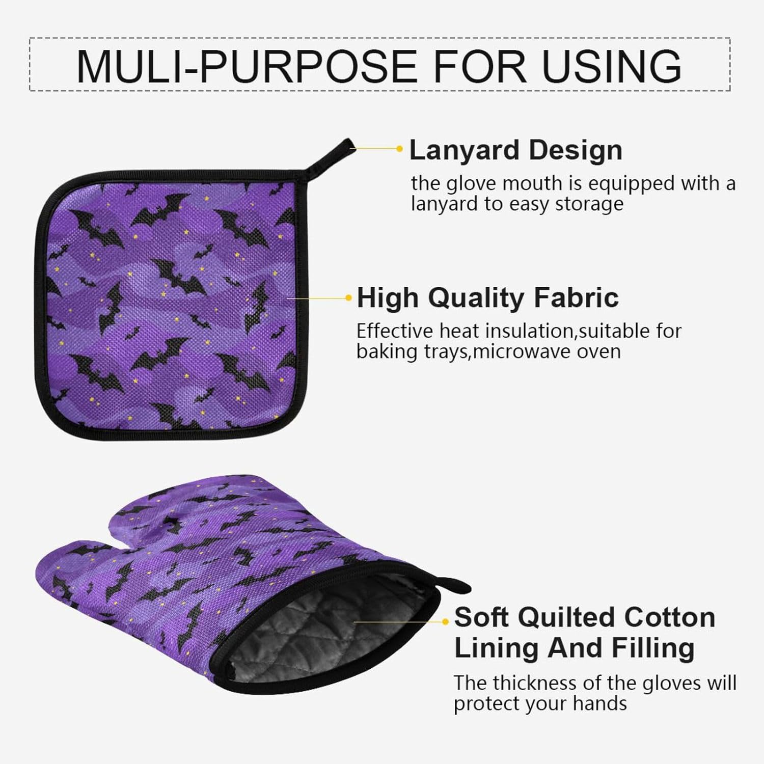 Halloween Black Bat Oven Mitts and Pot Holders
