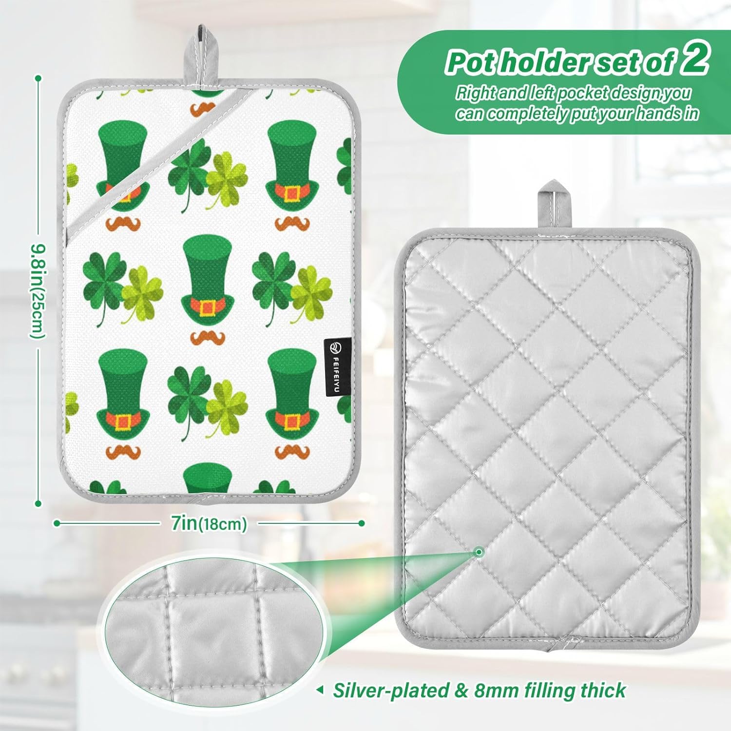 Kcldeci 2Pack Green Hat Four Leaf Clover Heat Resistant Potholders