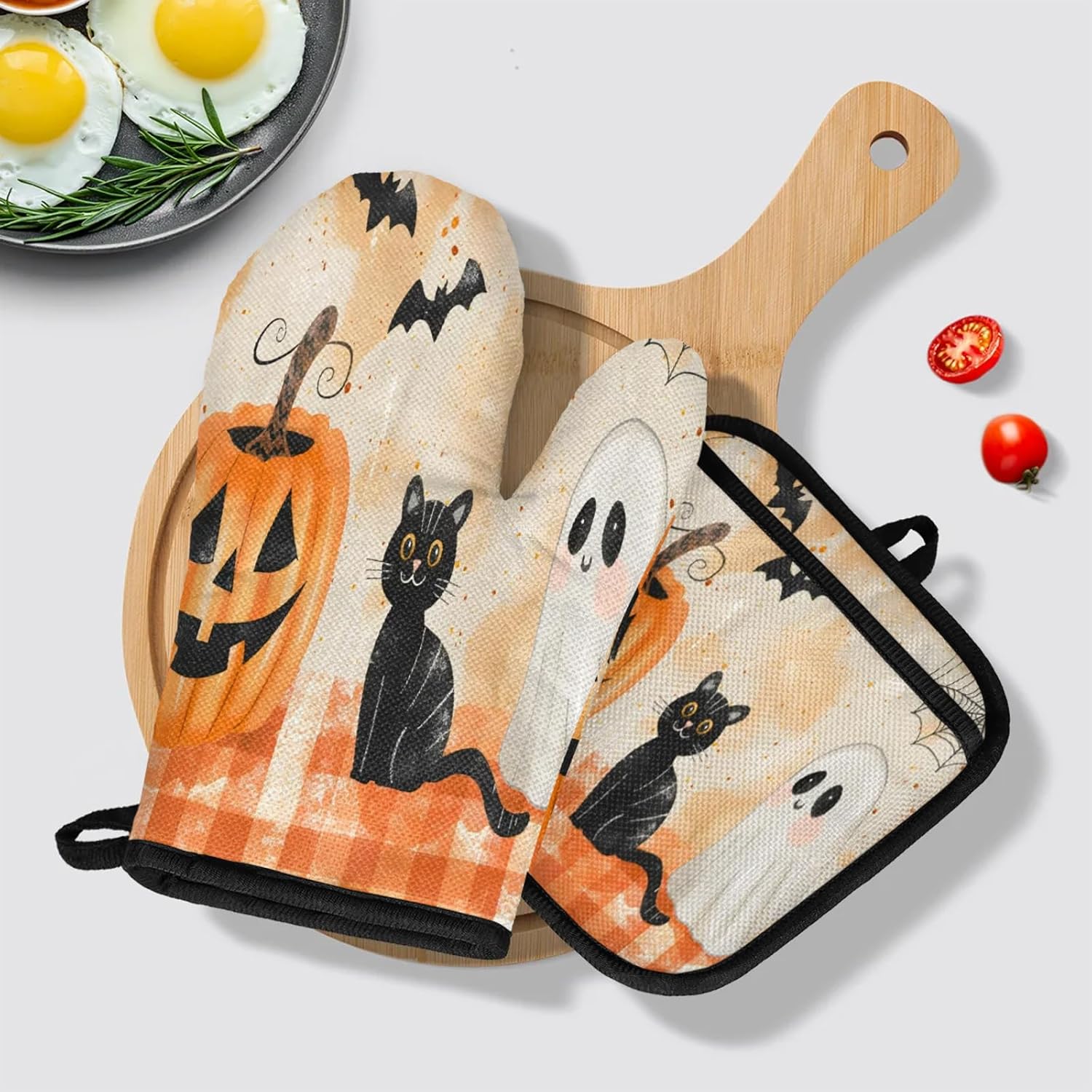 TropicalLife Halloween Black Cat Ghost Oven Mitts and Pot Holders Set