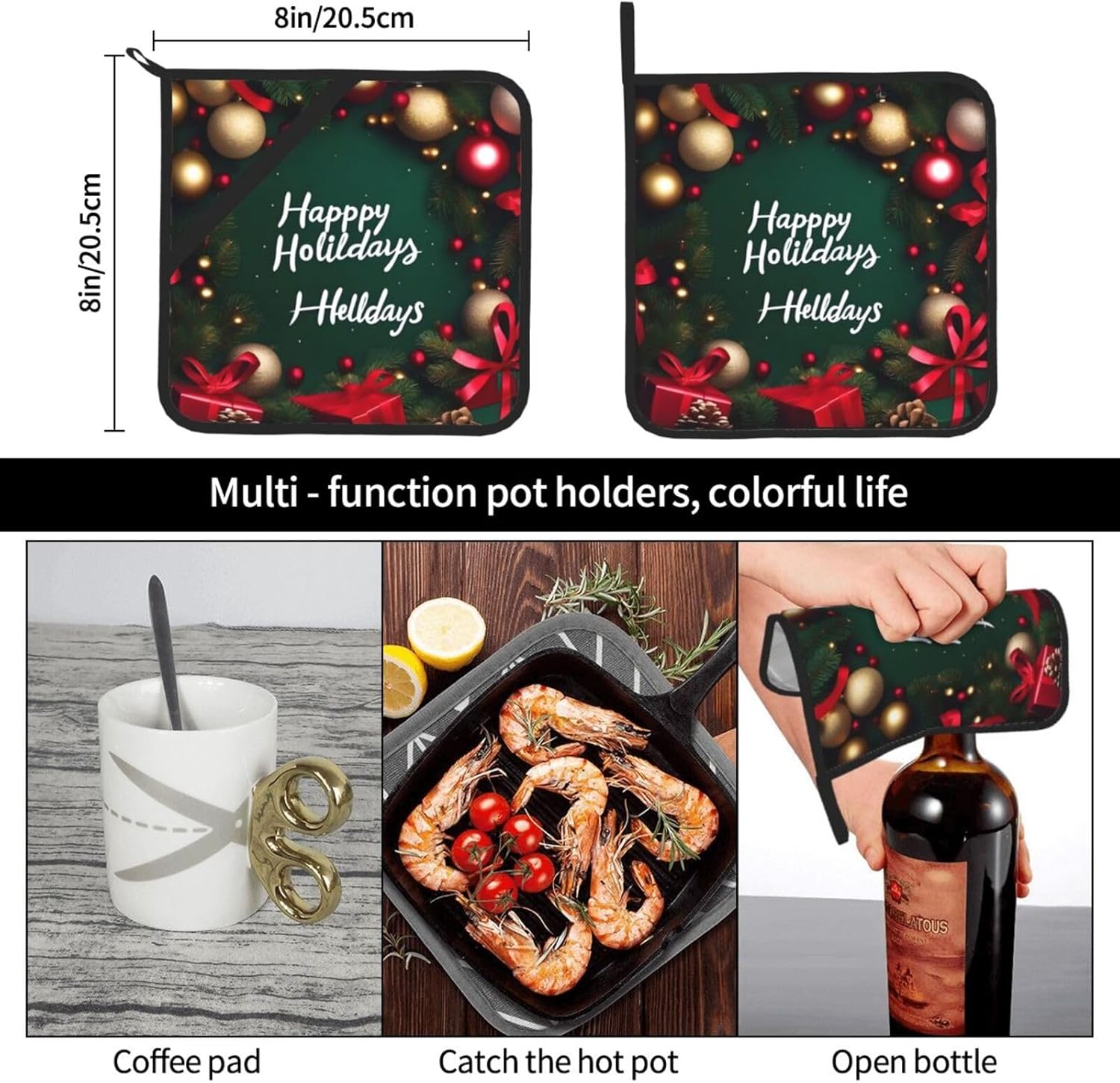 CHRYSM Happy Holidays Potholders 2-Pack Heat Resistant