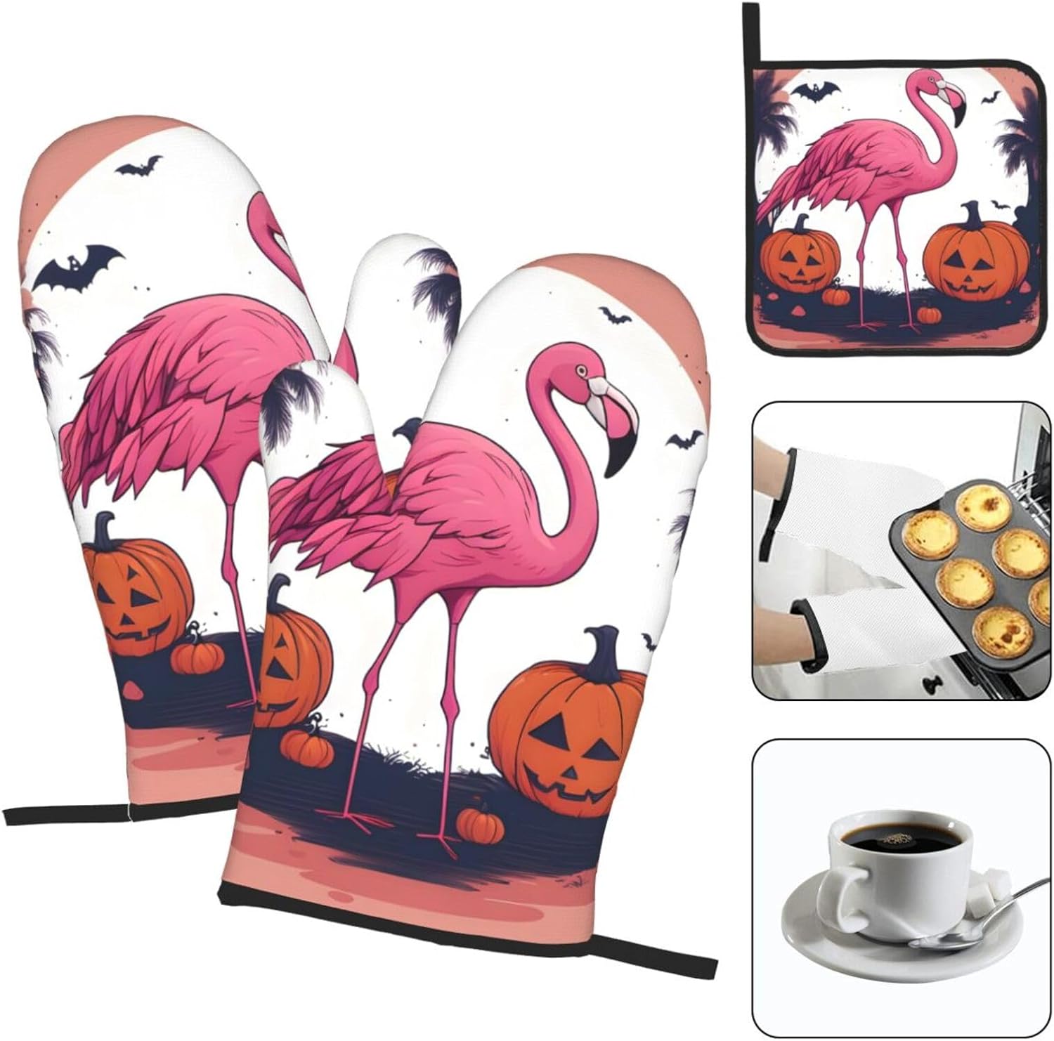 Halloween Flamingo Oven Mitts Pot Holders Set - Durable Waterproof