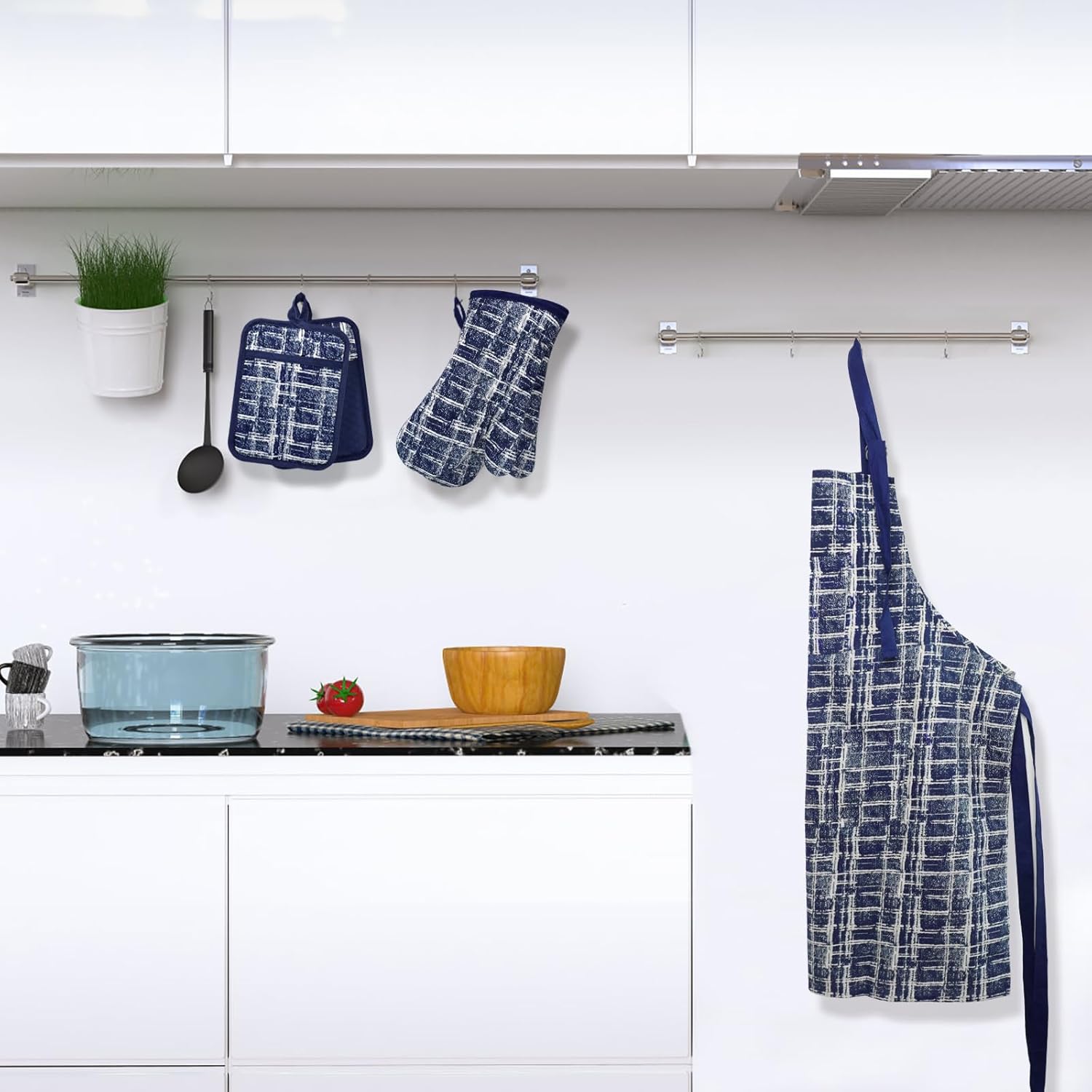 Alselo Oven Mitts and Pot Holders Set of 5 with Cooking Apron Navy