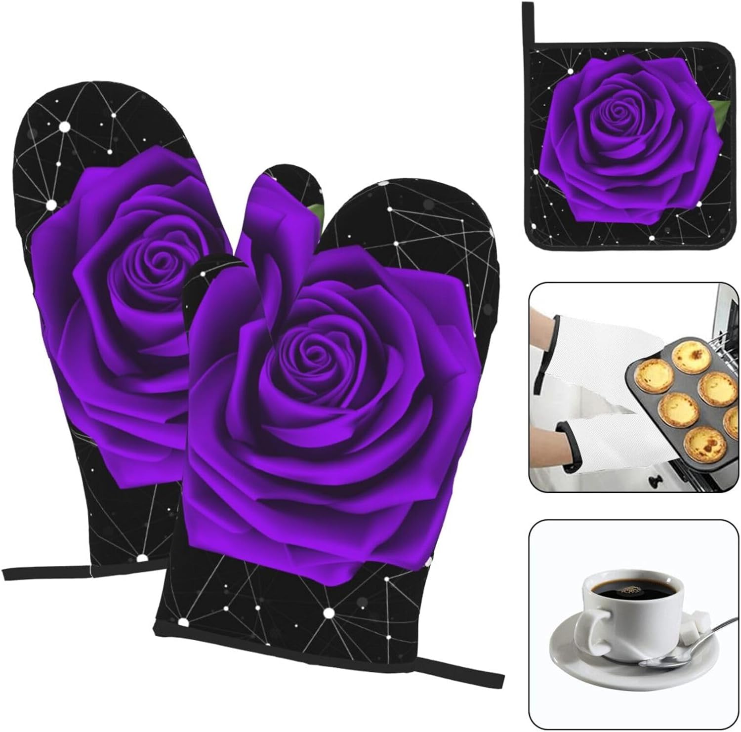Oven Mitts Pot Holder Set of 3 Purple Rose Design