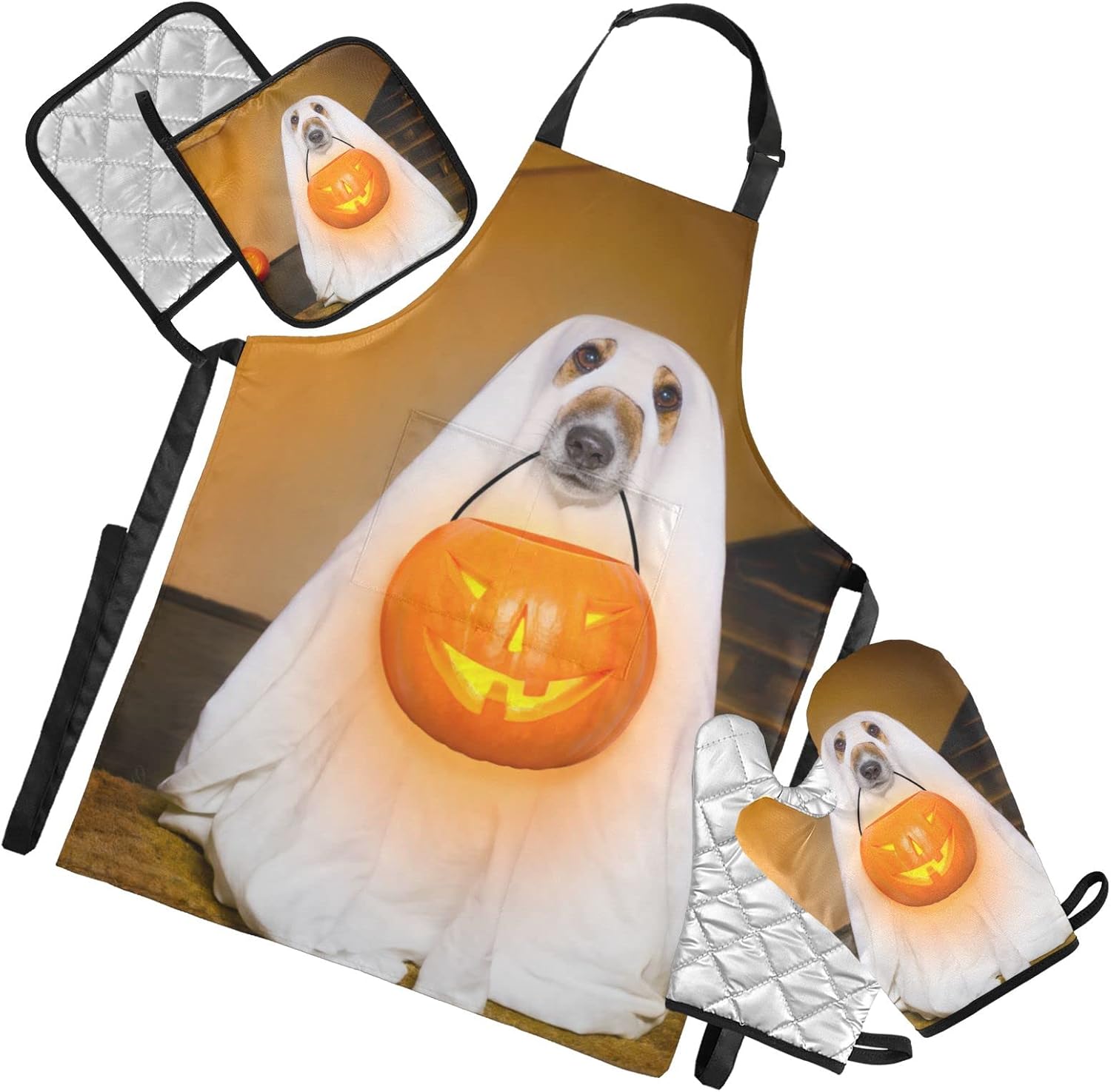 Halloween Ghosts Oven Mitts Pot Holders Set Trick or Treating Stats