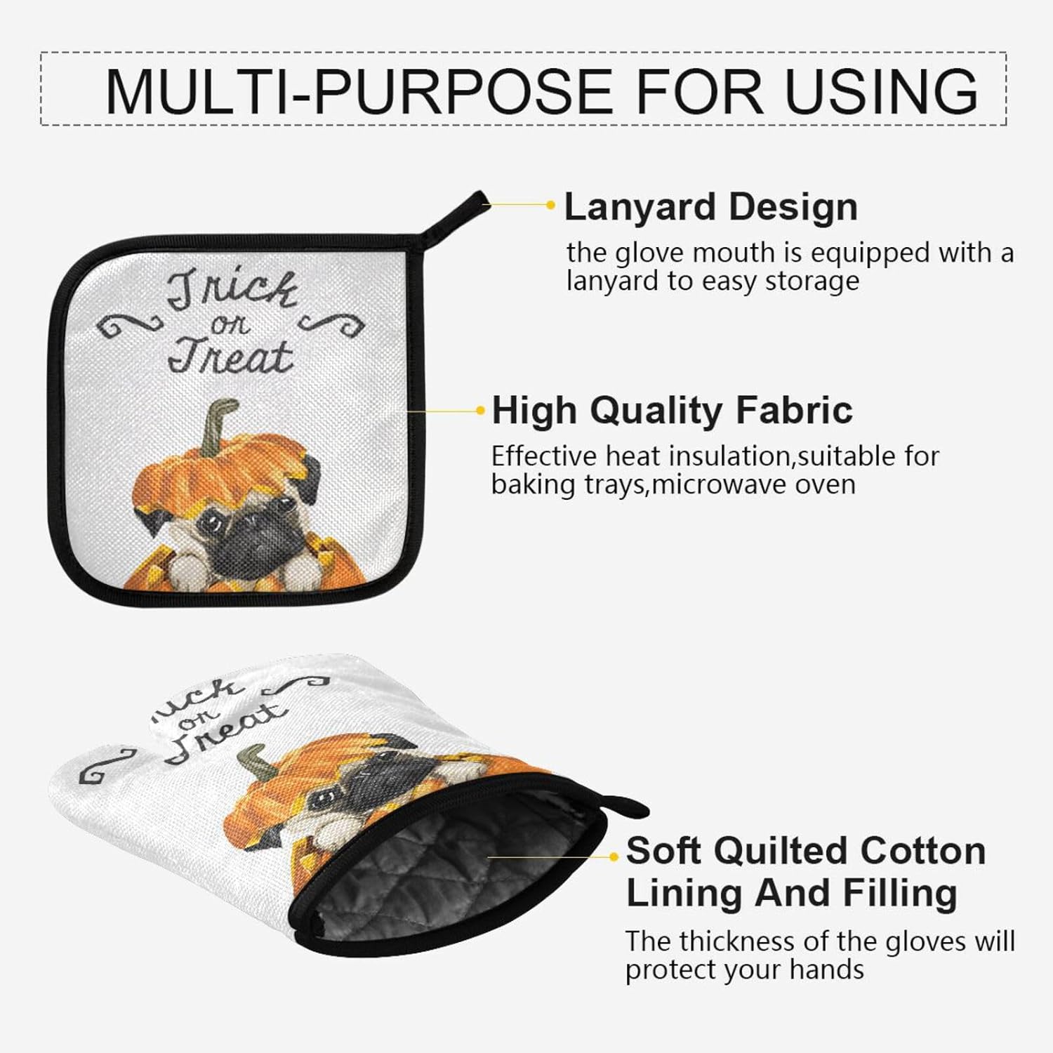Halloween Pug Pumpkin Oven Mitts Set Heat-Resistant Trick or Treat Gloves
