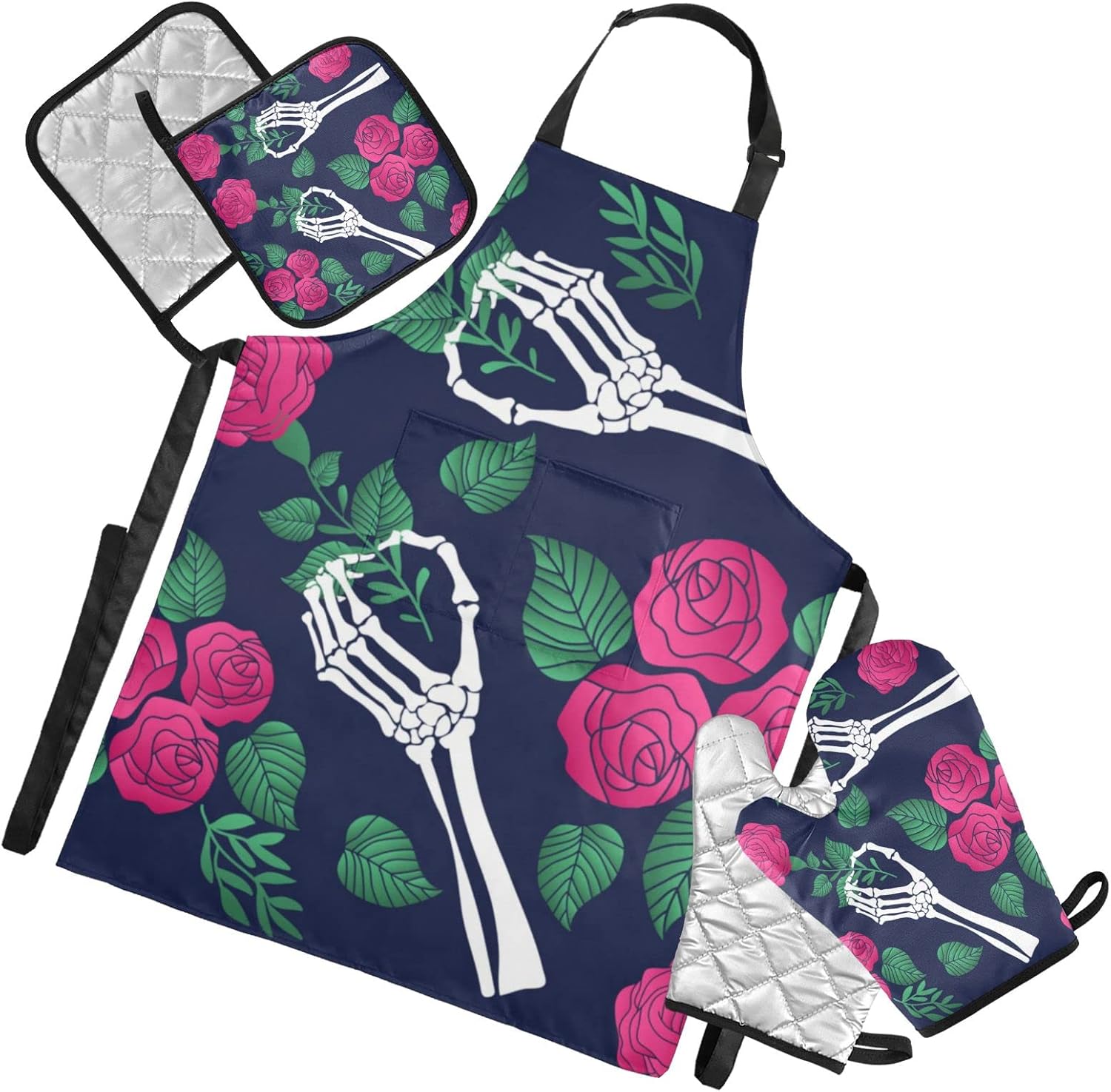 5Pcs Halloween Skull Flowers Oven Mitts Pot Holder Set