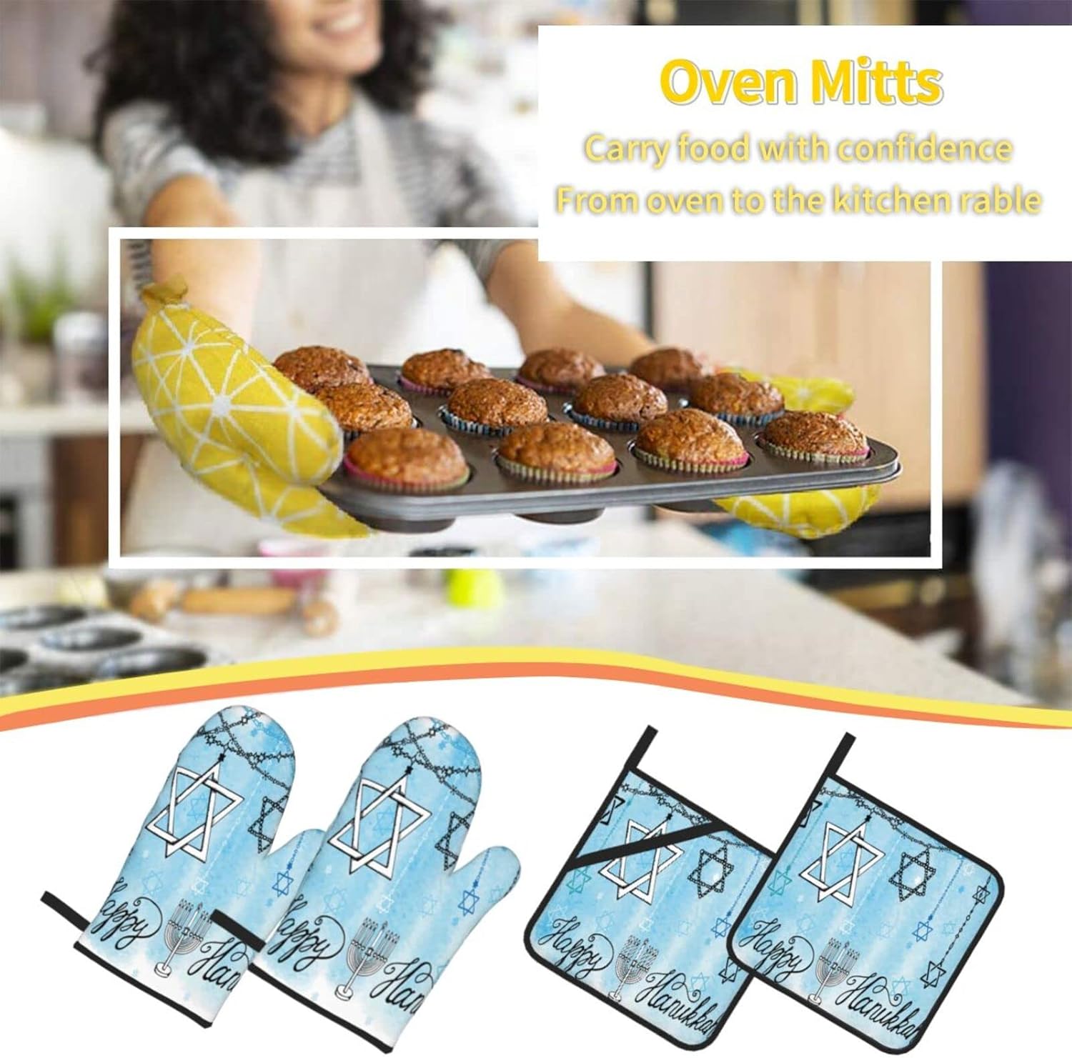 Happy Hanukkah Heat Resistant Mitts Pot Holders Set by Augenstern