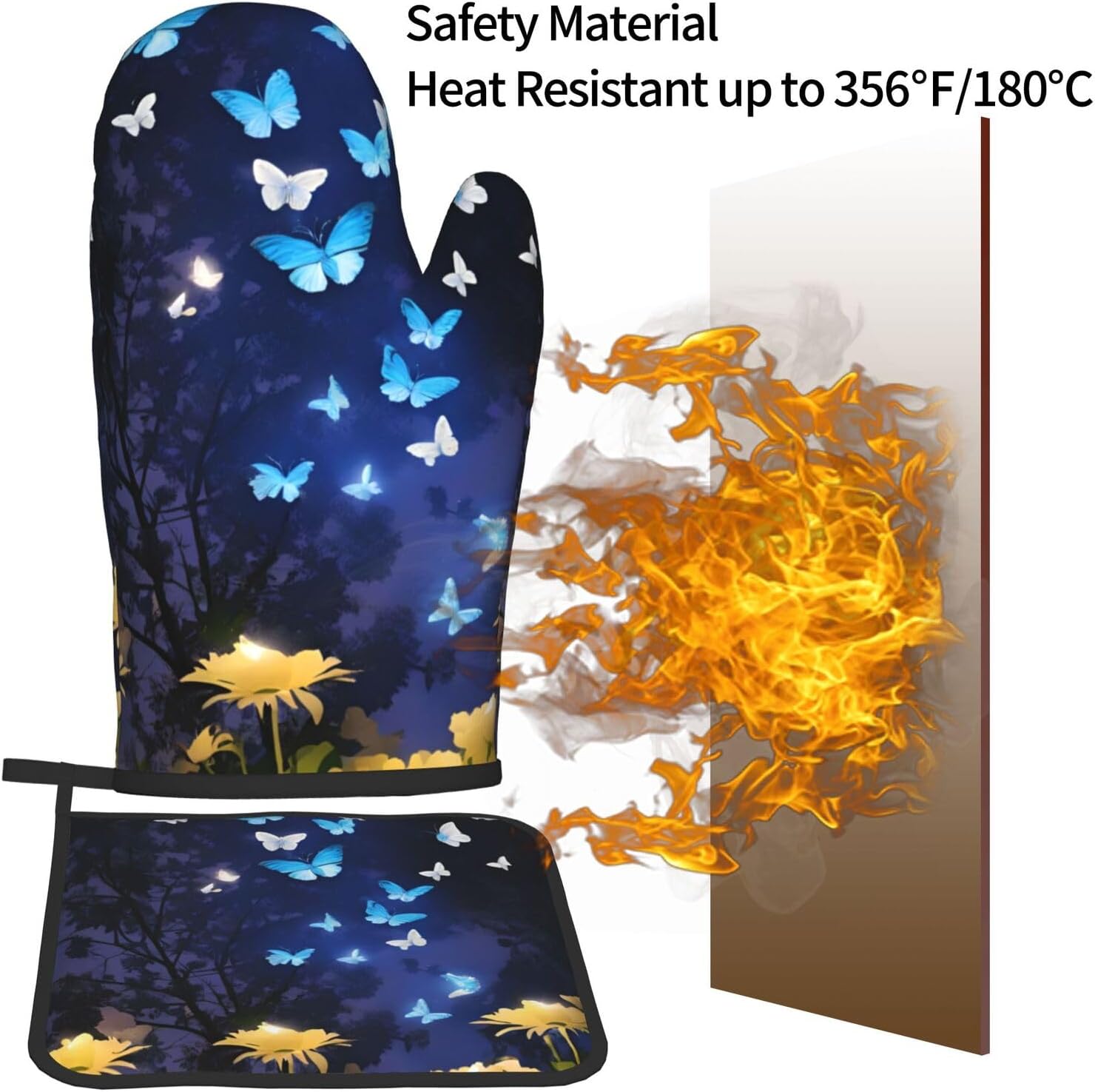 Quopvn Butterfly-Printed Oven Mitts and Pot Holders 2-Piece Set