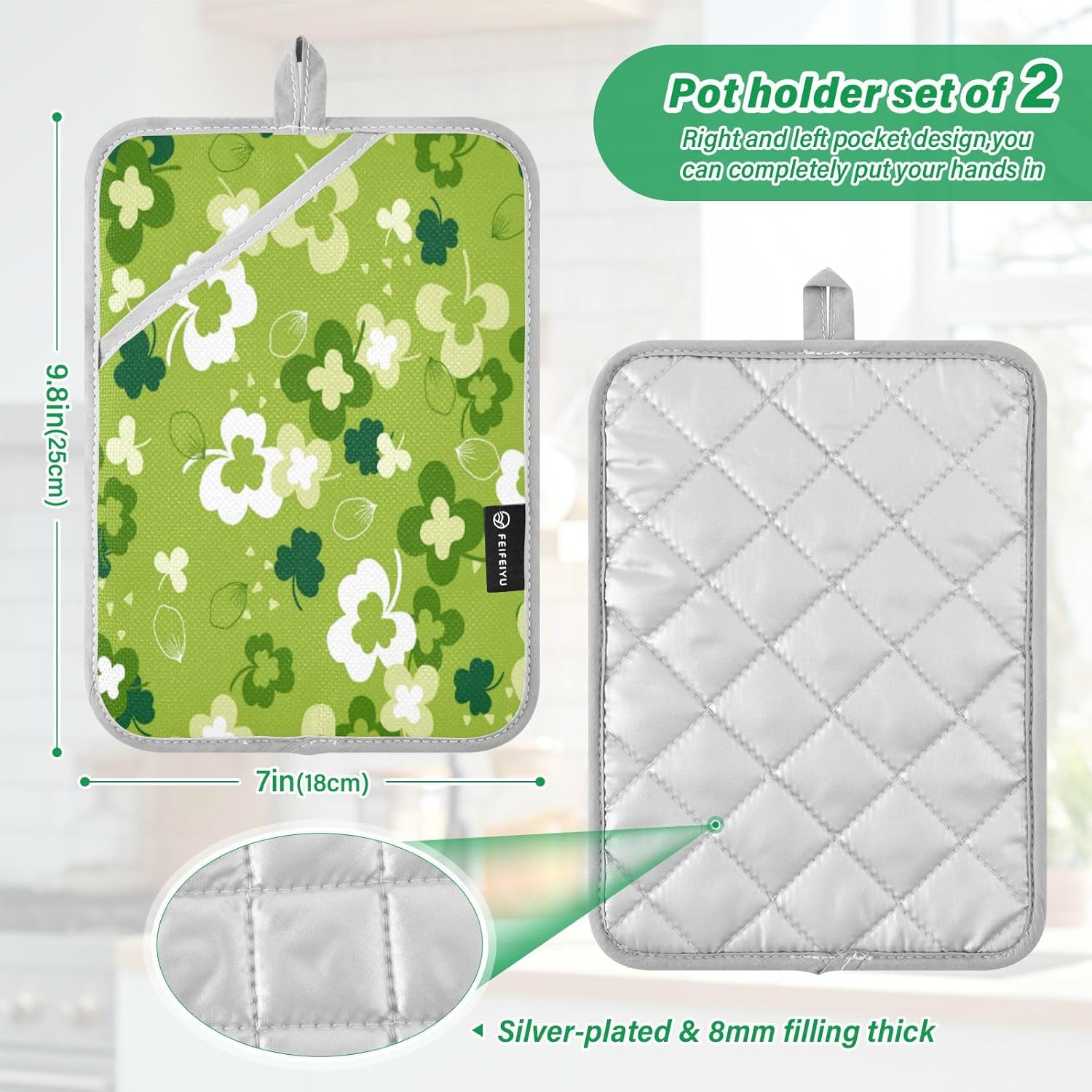 Kcldeci Green Clover Heat-Resistant Oven Mitts 2-Pack