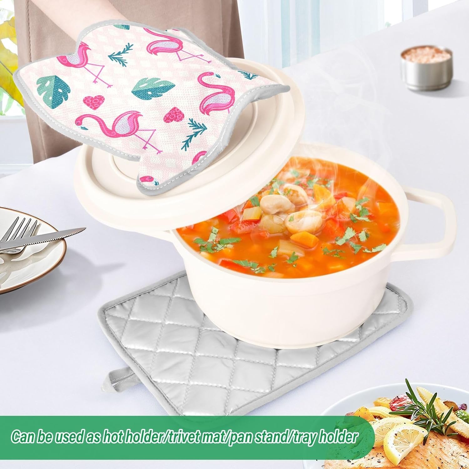 Flamingo Heart Design Heat Resistant Potholders Set