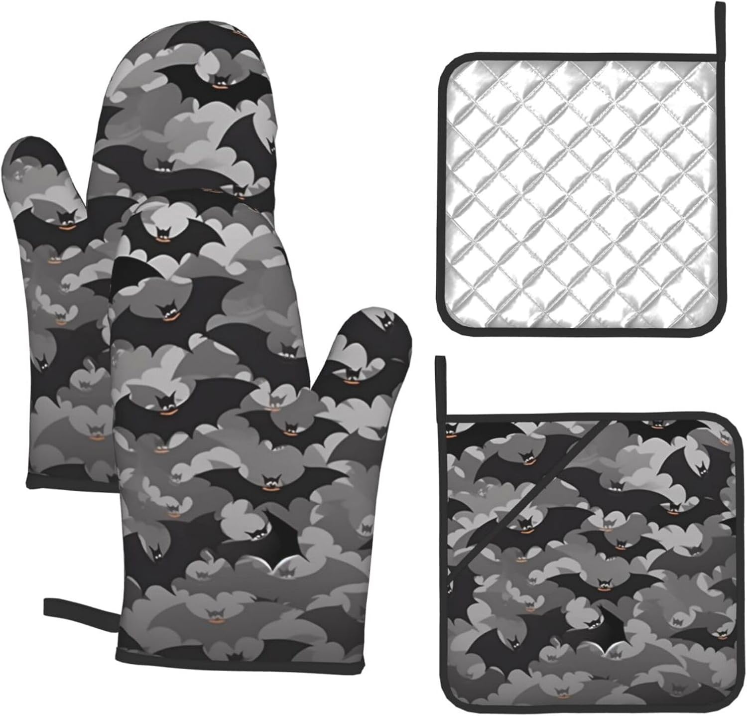 Halloween Bats Grey Ovenmitts Pot Holders Set - Heat Resistant Kitchen Gift