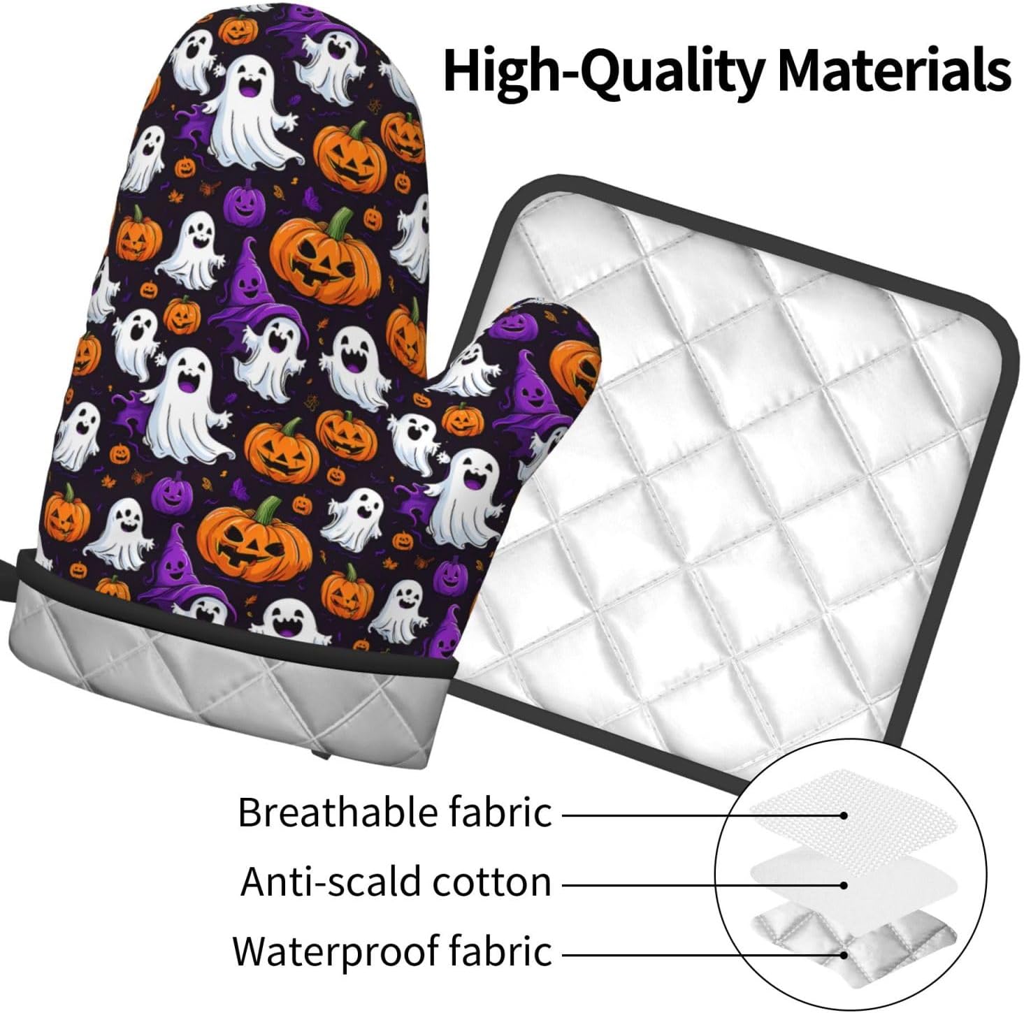 Halloween Ghost Pumpkin Oven Mitts Pot Holders - Heat-Resistant Gloves for Cooking