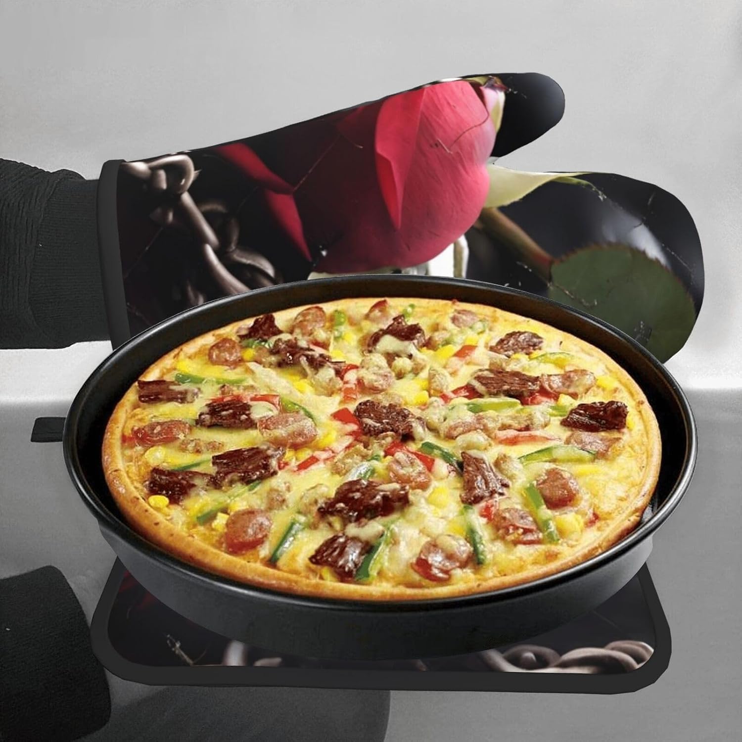Cozy Black Rose Oven Mitts Set for Cooking