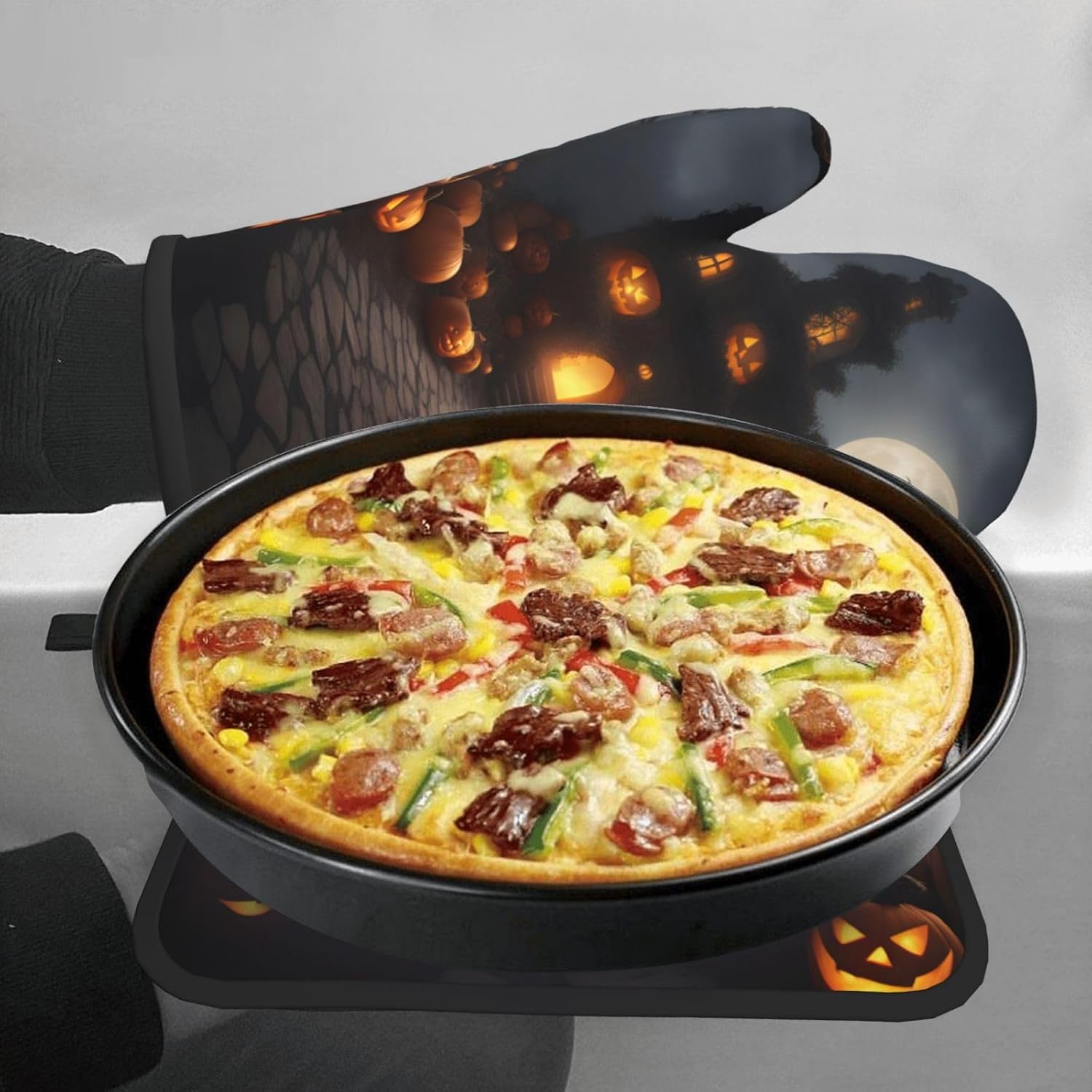 Halloween Pumpkin Print Heat-Resistant Oven Mitts Set Safe for Cooking BBQ