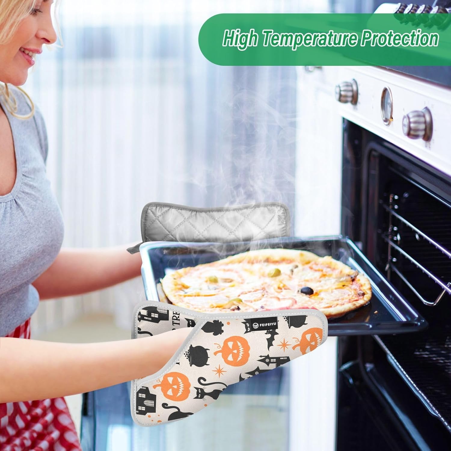 GAIGEO Halloween Black Cats Oven Hot Pads Set