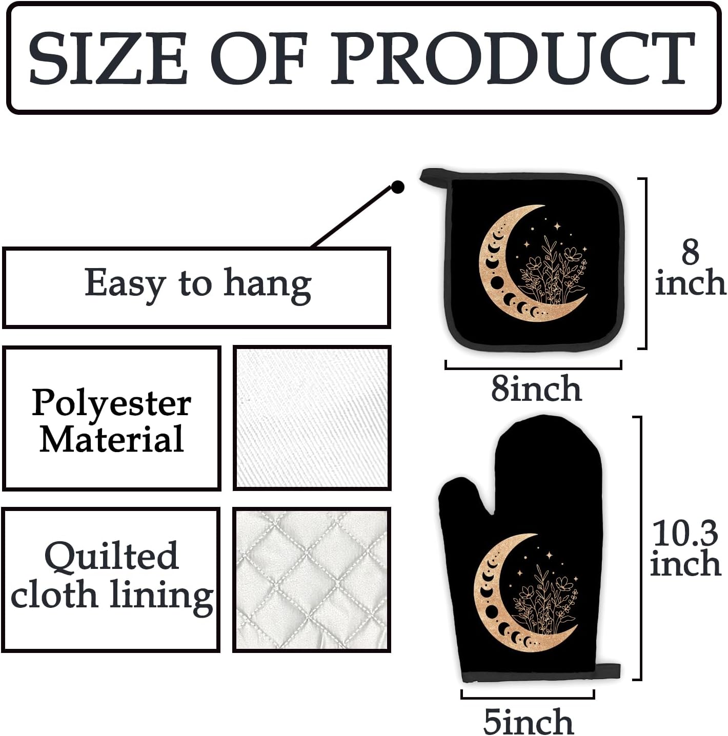 Black Gold Moon Oven Mitts Pot Holders Sets Heat-Resistant Kitchen Accessories