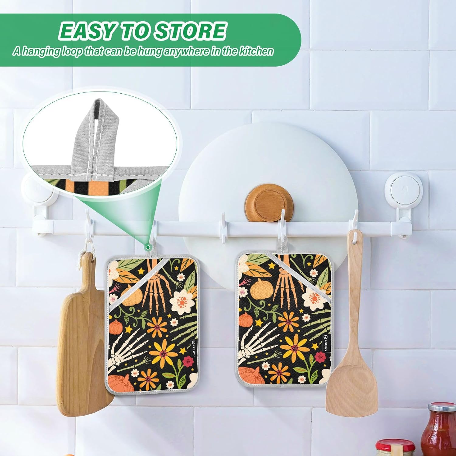 OurVii 2-Piece Halloween Seamless Pattern Bone and Floral Elements Potholders Set