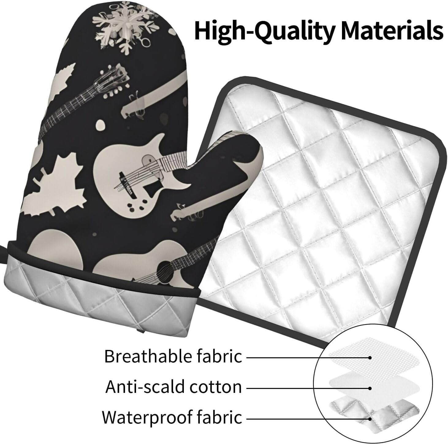 Guitar Pattern Oven Mitts Pot Holders 2-Piece Set