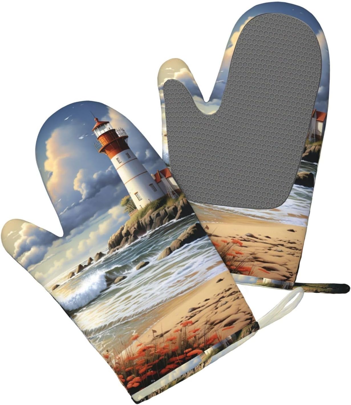 NONHAI Silicone Oven Mitts Set of 2 Sea Lighthouse Sandbeach