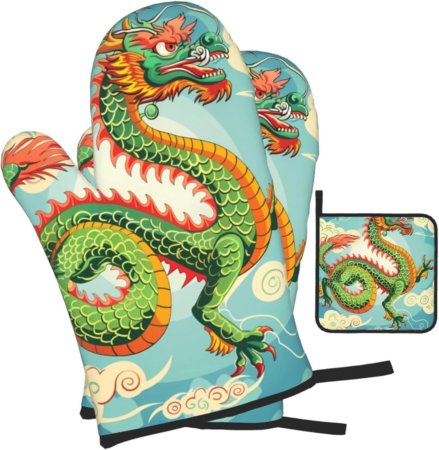 Sturdy Dragon-Themed Heat-Resistant Oven Mitts Set of 3
