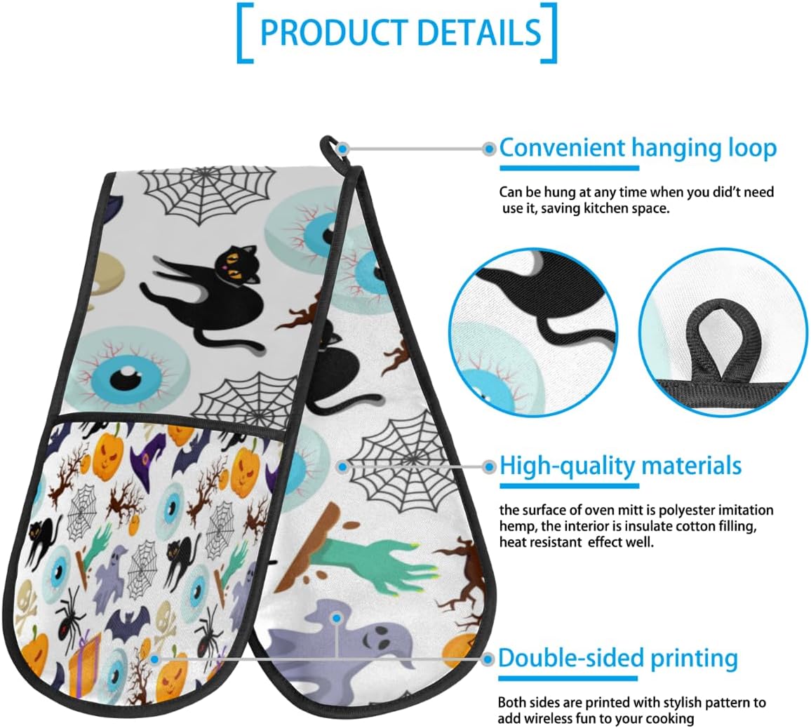 Double Oven Mitts Set of 2 Heat-Resistant Hanging Loop Kitchen Baking BBQ