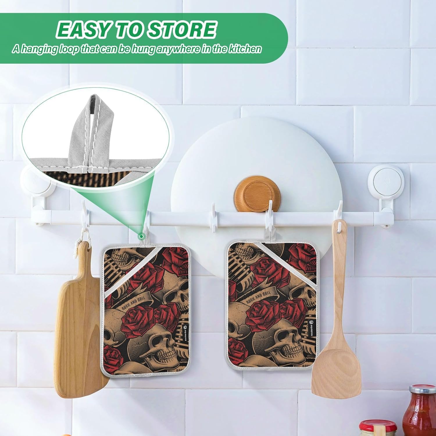 OURVII 2Pcs Skulls Red Roses Pot Holders Set Non-Slip
