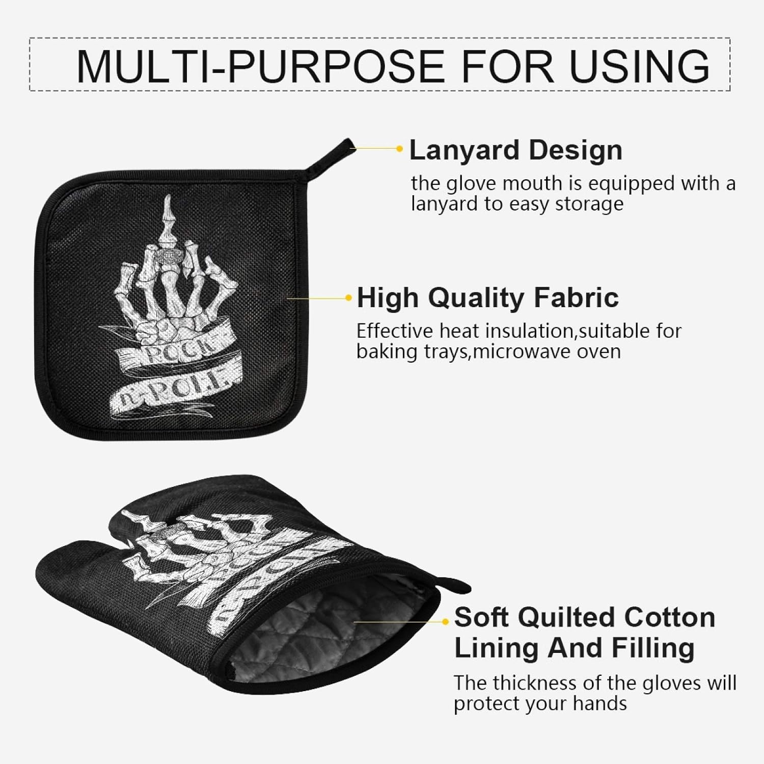 Skull Rock Roll Halloween Oven Mitts Set