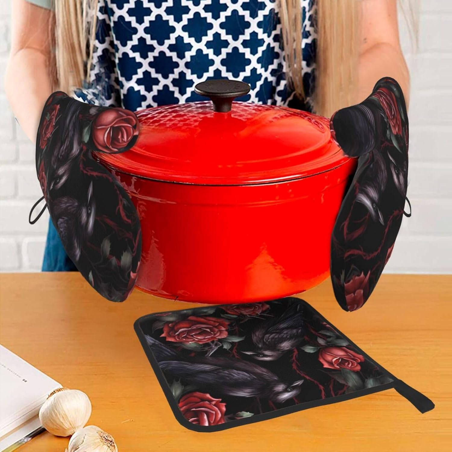 DXTKWL Halloween Rose Crows Oven Mitt Set of 3