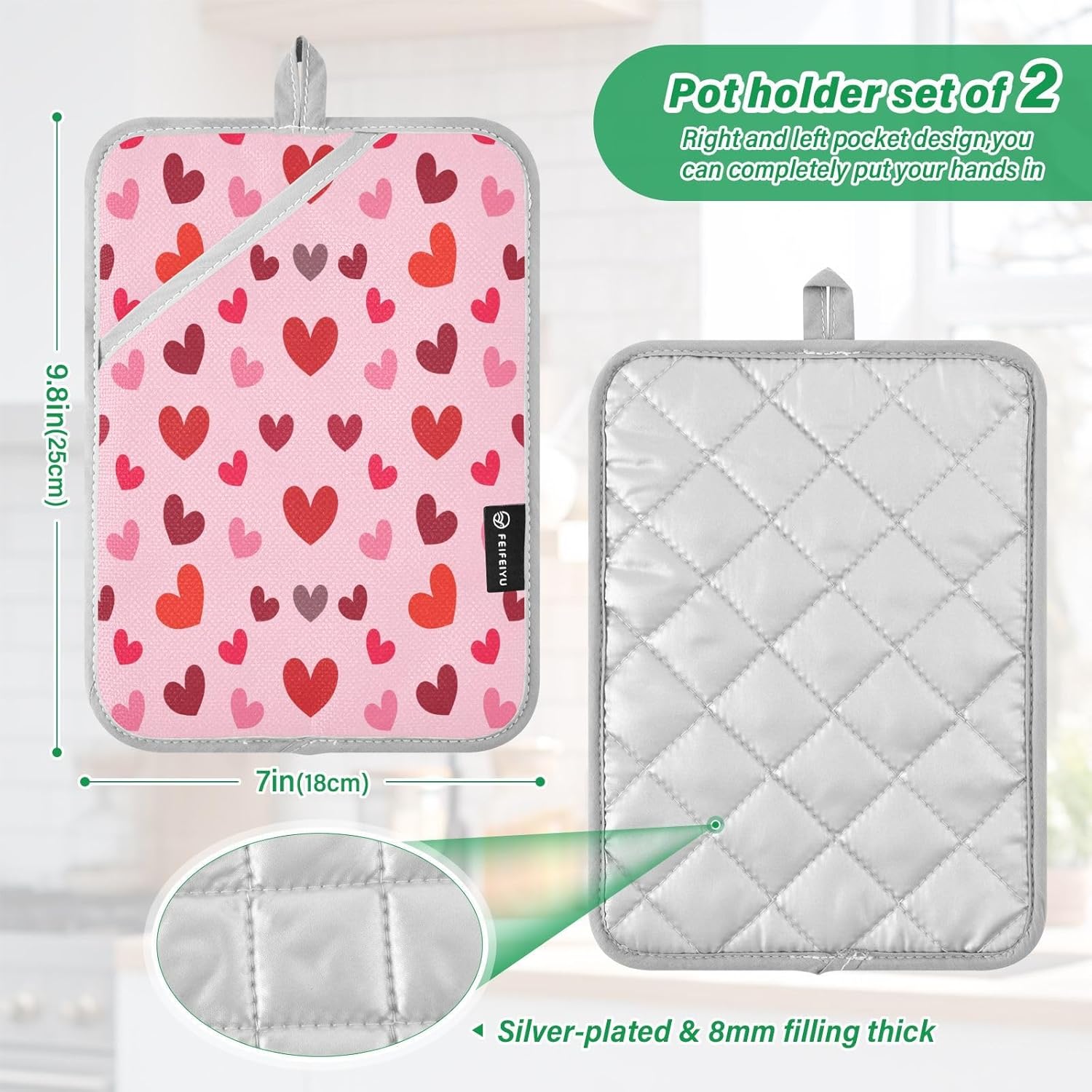 Kcldeci Cute Hearts 2Pack Heat Resistant Oven Mitts and Potholders