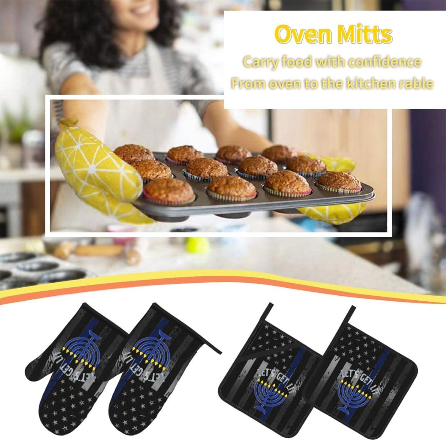 Joyful Premium Heat-Resistant Oven Mitts Pot Holders 4-Piece Set Baking Tools