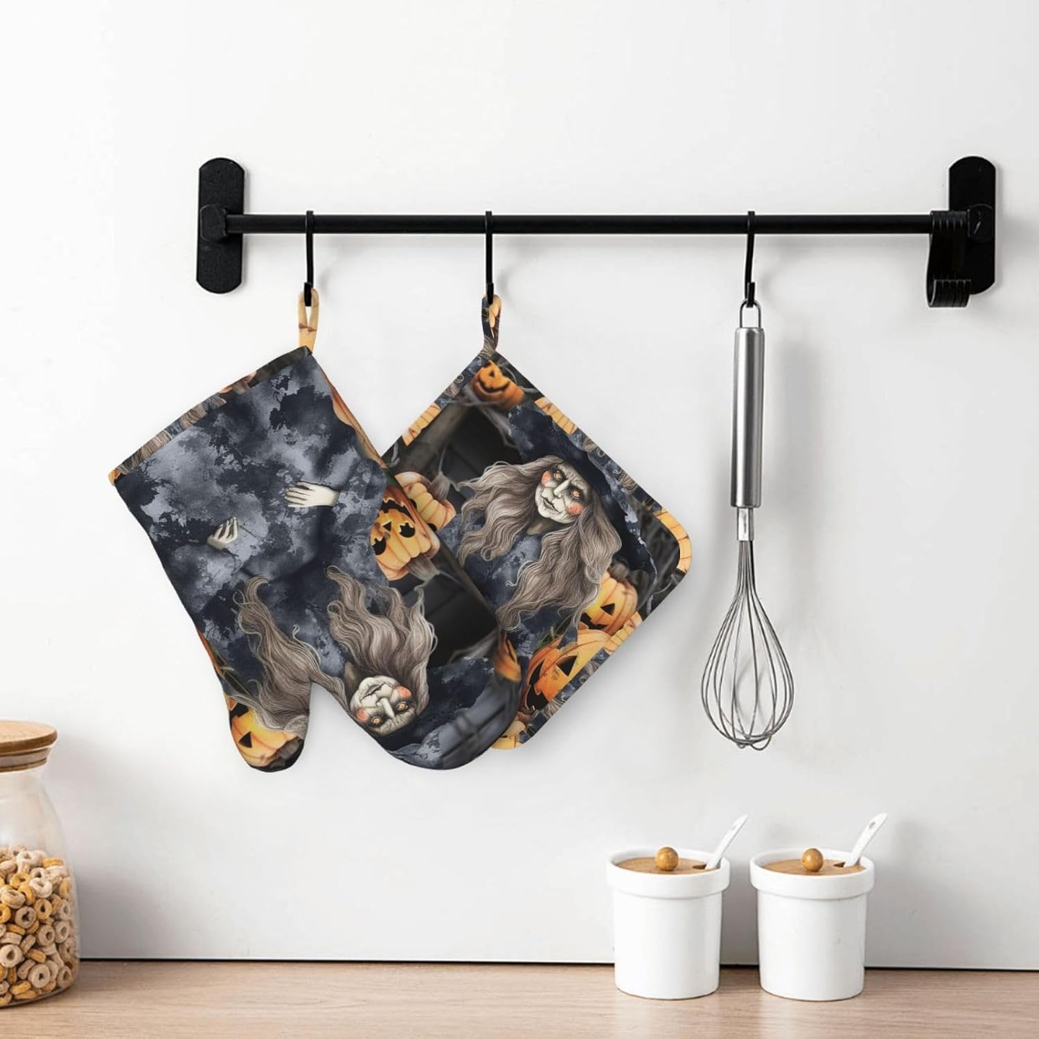 Pair of Funny Halloween Oven Mitts and Pot Holders Set