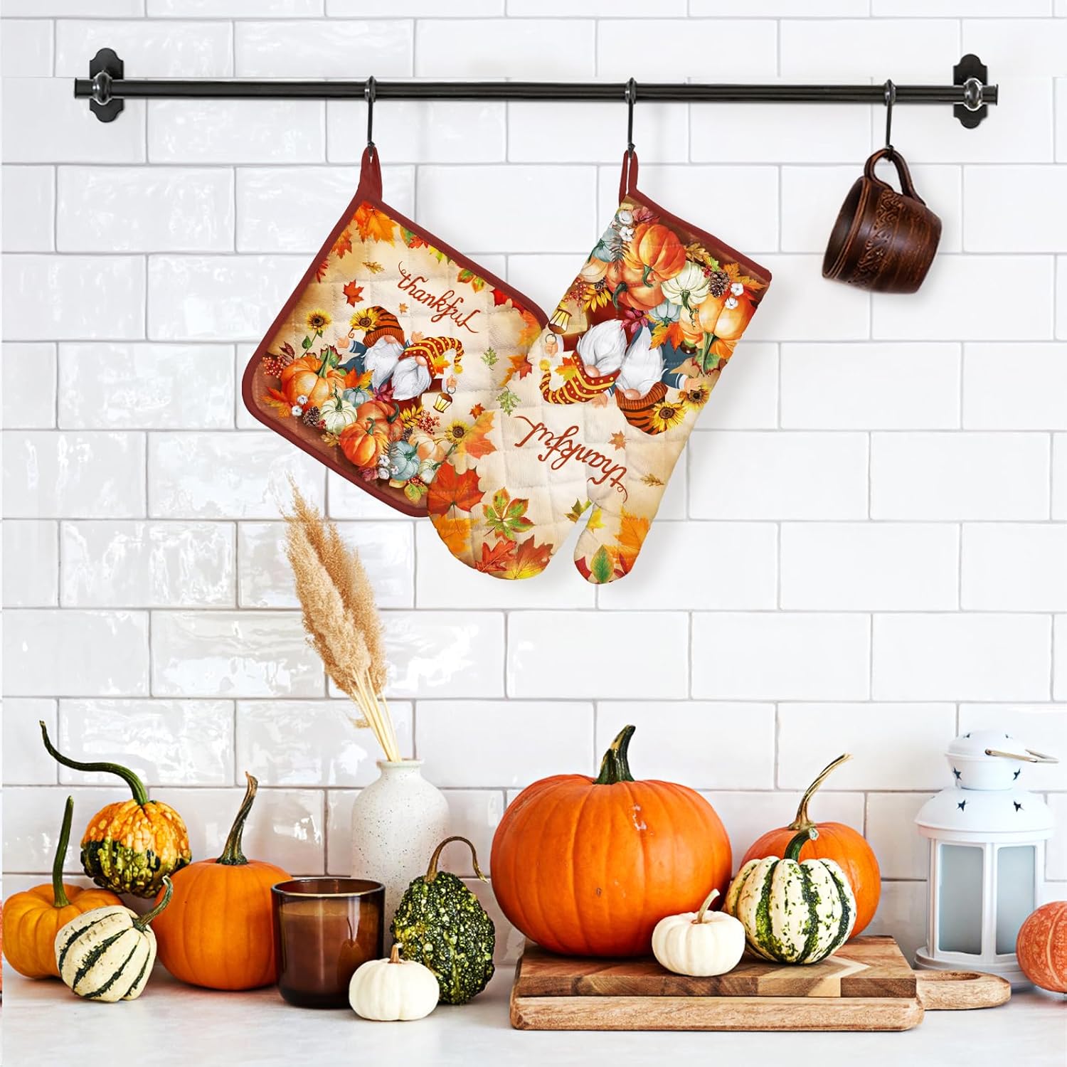 Thanksgiving Gnome Oven Mitts and Potholders Set