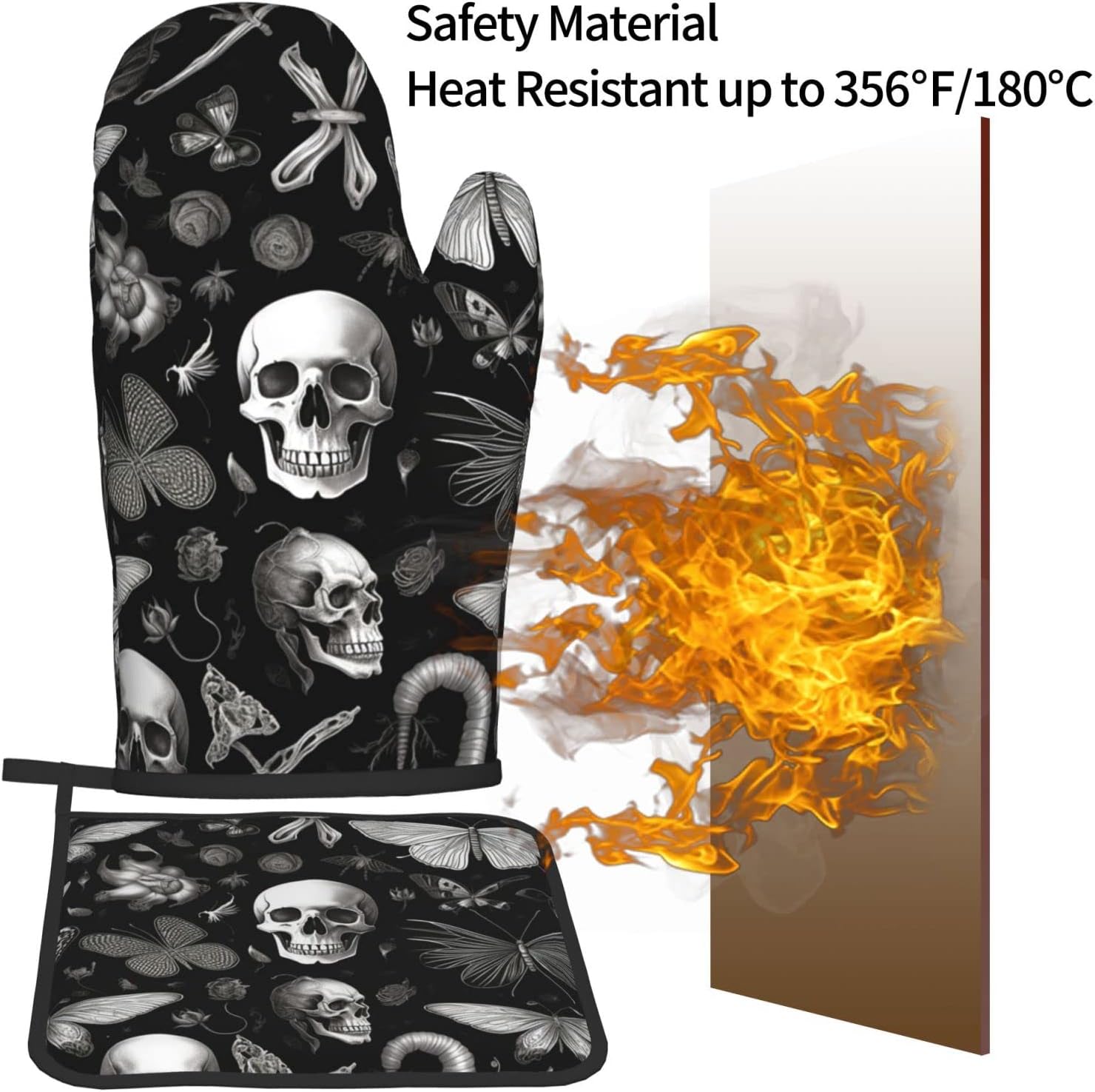Halloween Black Butterfly Goth Skull Oven Mitts