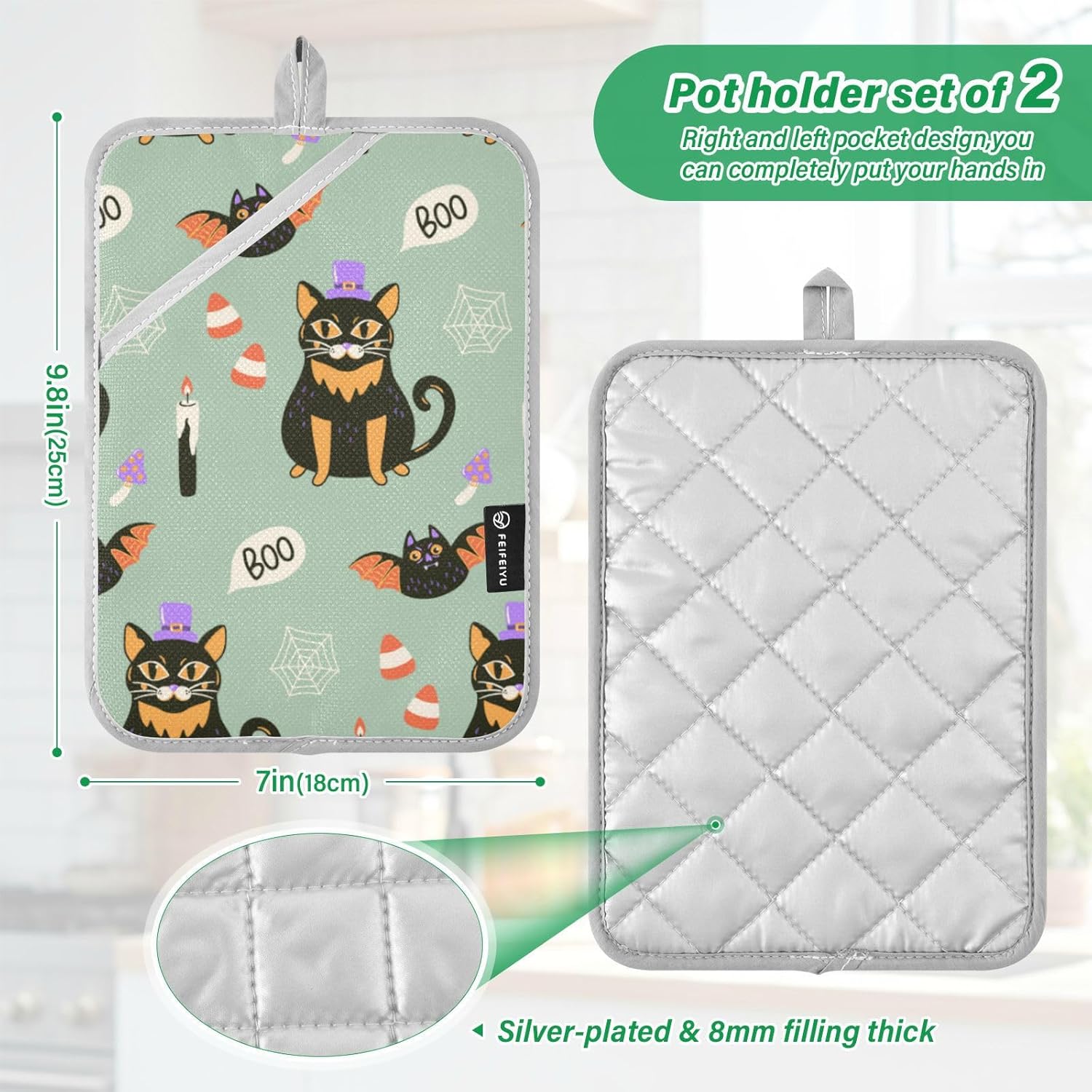 Ourvi 2Pcs Halloween Cute Black Cat Potholders with Pockets Mitts Set
