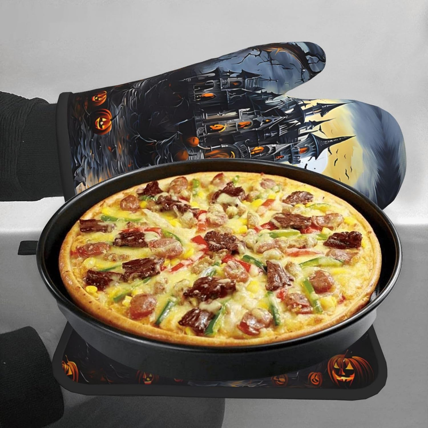 Devil Pumpkin Halloween Oven Mitts and Pot Holders Sets