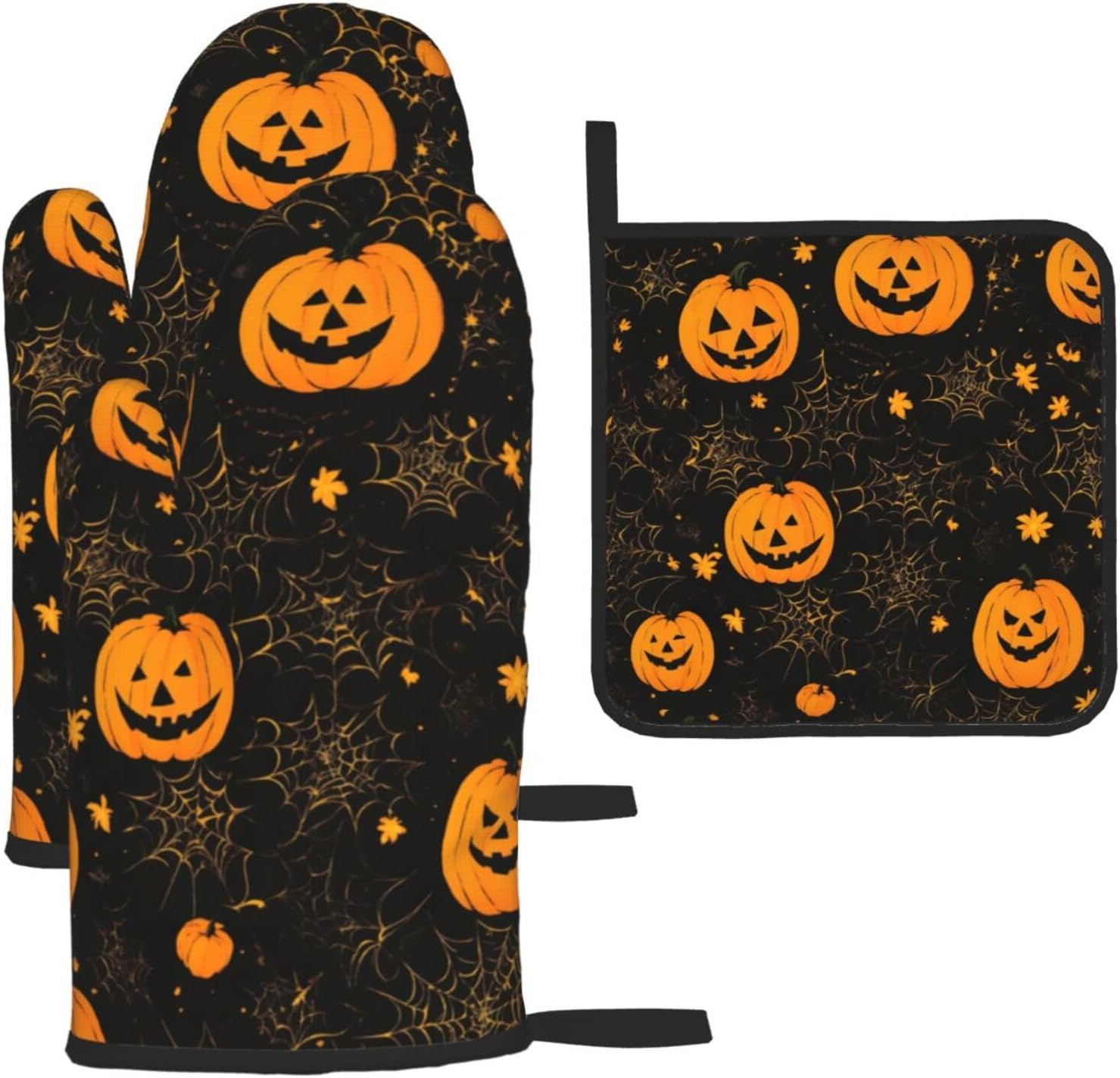 Halloween Pumpkin Print Oven Mitts Set of 3 Black
