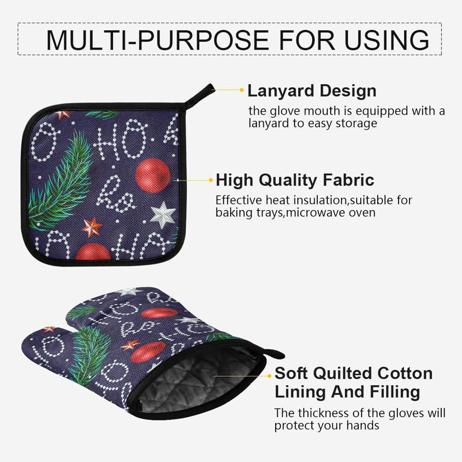 Cheerful Hohoho Christmas Oven Mitt and Pot Holder Set