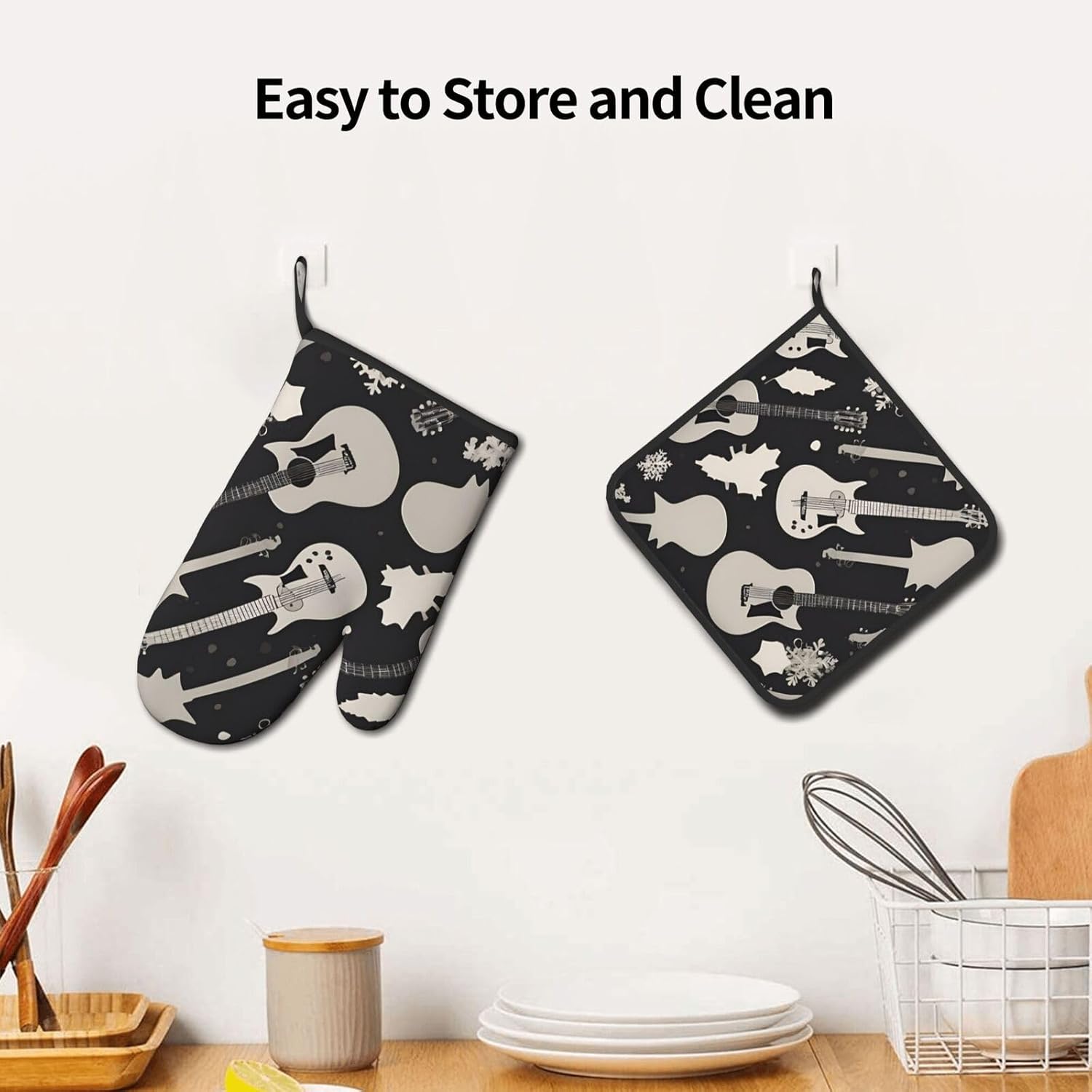 Guitar Pattern Oven Mitts Pot Holders 2-Piece Set