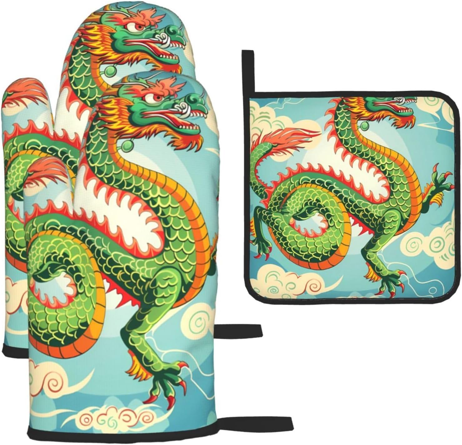 Sturdy Dragon-Themed Heat-Resistant Oven Mitts Set of 3