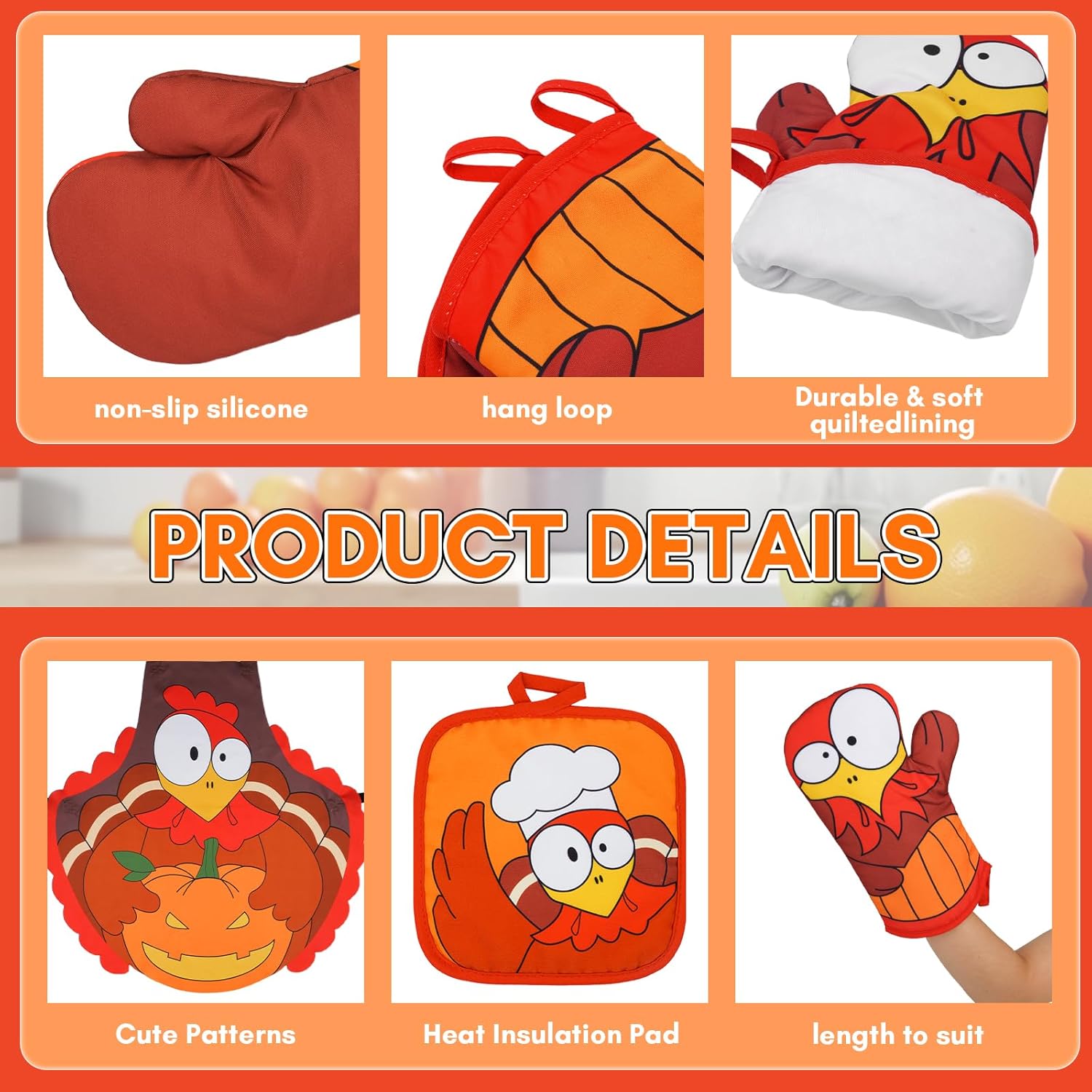 LSYDCARM Fall Oven Mitts 4Pcs Turkey Set with Apron