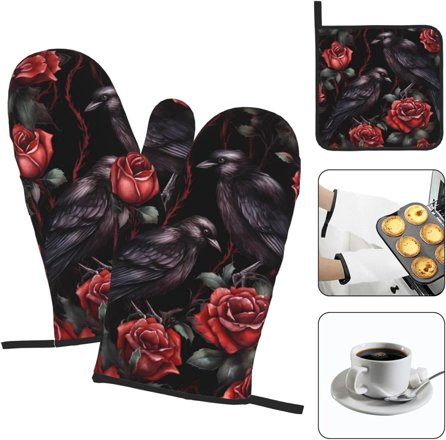 DXTKWL Halloween Rose Crows Oven Mitt Set of 3