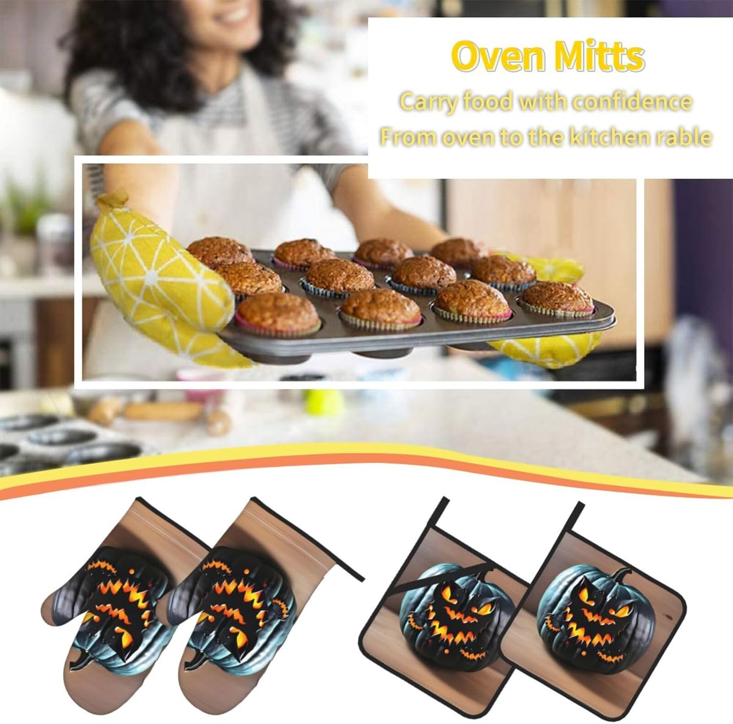 Halloween Bat Pumpkin Oven mitts and DUPI pot holders durability cooking set