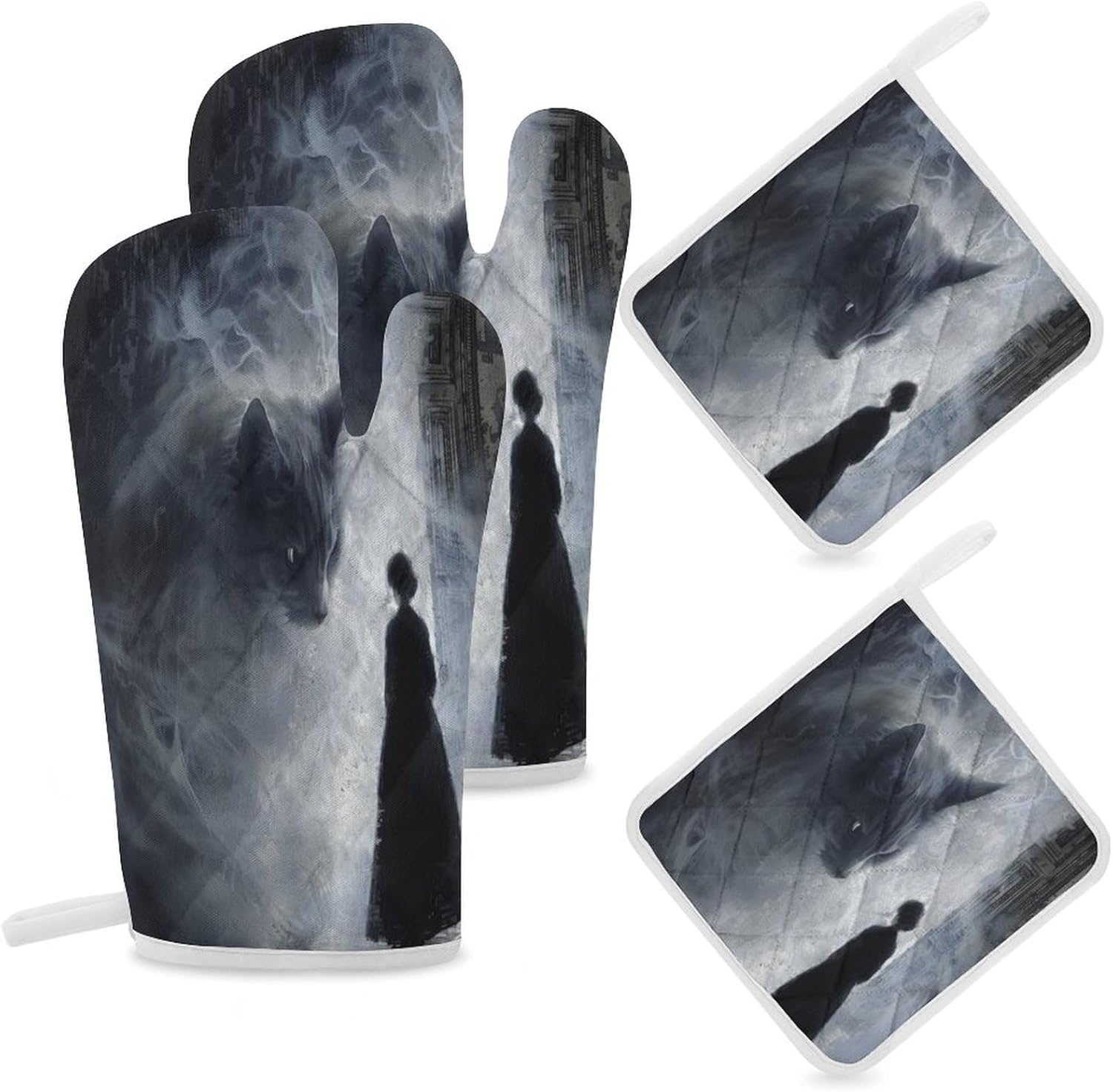 Oven Mitts and Pot Holders Set Halloween Cat 4pcs
